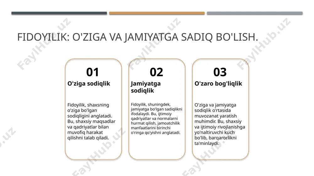rqarorlikni mustahkamlashga yordam beradi. maʼnaviyat va madaniyat: halollik va fidoyilikning asosiy omillari. maʼnaviyatning taʼsiri maʼnaviyat, odamlarning ichki dunyosini shakllantiradi, halollik va fidoyilikni rivojlantiradi, bu esa axloqiy qadriyatlarni mustahkamlaydi. madaniyat va anʼanalar o'zbek madaniyatida halollik va fidoyilik qadriyatlari, asrlar davomida avlodlardan avlodlarga o'tib, jamiyatni birlashtiruvchi omil sifatida xizmat qiladi. ruhiy o'sish halollik va fidoyilik, shaxsning ruhiy o'sishi va ma'naviy yetukligini ta'minlaydi, bu esa ijtimoiy barqarorlikka hissa qo'shadi. halollikning maʼnaviy qadriyatlar rivojiga taʼsiri. halollik va maʼnaviyat halollik, maʼnaviy qadriyatlarni rivojlantirishda muhim rol o'ynaydi, chunki u insonning ichki dunyosini to'g'ri yo'naltiradi va ruhiy barqarorlikni ta'minlaydi. halollik va ishonch halollik, jamiyatda ishonchni oshiradi. ishonch esa, ijtimoiy aloqalarni mustahkamlashga, maʼnaviy muhitni yanada boyitishga yordam beradi. halollik va maʼnaviy o'sish halollik, shaxsiy rivojlanish va maʼnaviy o'sishga hissa qo'shadi, insonlarni axloqiy mas'uliyatni his qilishga undaydi va ijtimoiy barqarorlikka olib keladi. fidoyilik: madaniy anʼanalarning mustahkamlovchisi. madaniyat va fidoyilik anʼanalar va fidoyilik fidoyilik va jamiyat fidoyilik, madaniyatning mustahkamlanishida muhim …