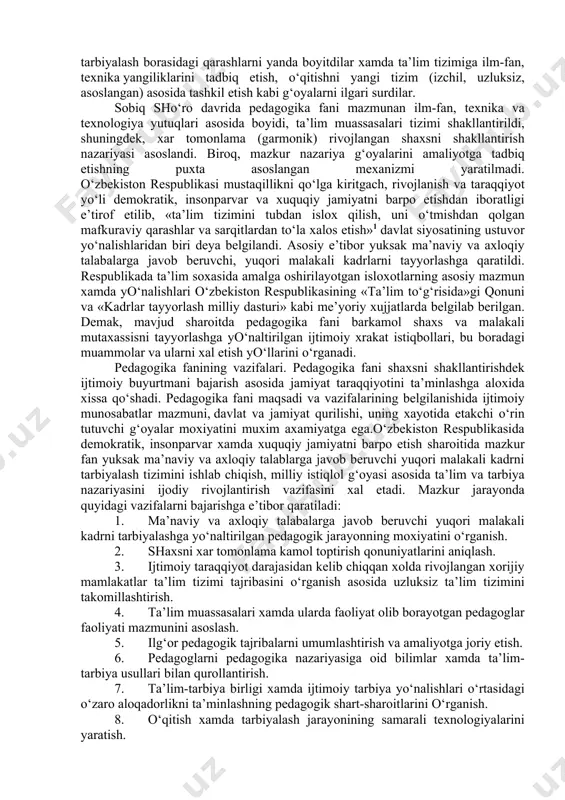 r qo‘yildi. quldorlik tuzumida erkin bo‘lmagan kishilar (qullar)ning xaq-xuquqlari cheklanganligi bois tarbiya tizimi faqatgina quldorlar, ularning farzandlari uchun xizmat qilgan. quldorlik tuzumi o‘rnida shakllangan feodal tuzumda pedagogik g‘oyalar feodallar manfaatini ifoda eta boshladi. mazkur davr pedagogik jarayonni tashkil etishda diniy g‘oyalar etakchi o‘rin egallashi bilan tavsiflanadi. ijtimoiy xayotda diniy muassasalar (g‘arbda cherkov, sharqda esa machitlar)ning roli osha borib, bolalarni o‘qitish va tarbiyalash ishlari asosan shu maskanlarda tashkil etildi. garchi dunyoviy g‘oyalarni ilgari surish, ilmiy nazariyalarni yaratish va targ‘ib etishning din peshvolari tomonidan qoralanishi kabi xolatlar xam ko‘zga tashlangan bo‘lsa-da, ammo savdo-iqtisodiy aloqalar ko‘lamining kengayishi, tabiiy ofatlarga qarshi keskin chora ko‘rish extiyoji ilmiy bilimlarning rivojlantirish xayotiy zaruriyat ekanligini isbotladi. insoniyat tarixidan mustaxkam o‘rin olgan sharq uyg‘onishi deb nom olgan tarixiy jarayon aynan feodal tuzumi – o‘rta asrlar davrida sodir bo‘ldi. sharqda buyuk allomalar - muxammad muso al-xorazmiy, abu nasr forobiy, abu rayxon beruniy, abu ali ibn sino, axmad al-farg‘oniy, g‘arbda esa …