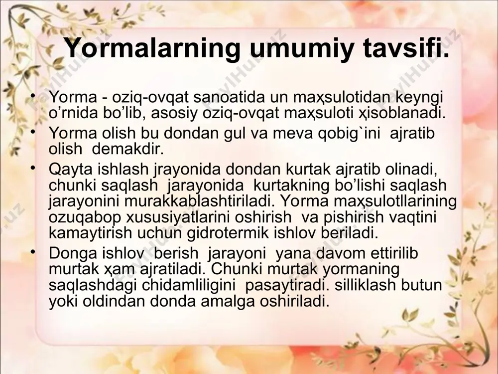 r mavjud. kletchatka va gemmistellyulozaning arzimas miqdorda bo’lishi, yormalarning hazm bo’lishining osonlashuviga olib keladi. uglevodlar yormaning yuqori kalloriyali bo’lishini ta’minlaydi. yormada v guruh vitaminlari ham bor. yormalarning kimyoviy tarkibi donni qayta ishlash jarayonida qo’llaniladigan usullar, shuningdek qayta ishlanadigan donning kimyoviy tarkibiga ham bog`liq holda o’zgarib turadi. qayta ishlash uchun keltirilgan turli ekinlar donining tabiiiy xususiyatlari ularning o’sish sharoitlari va qaysi navga mansubligini belgilaydi. tariqning sariq va och sariq rangli mag`izga ega bo’lgan navlari yuqori tovarlik xususiyatlariga ega. tariqdagi oqsil miqdori ko’p jihatdan etishtirilgan tuproq-iqlim sharoitiga ham bog`liq bo’ladi. masalan, evropada o’stiriladigan tariqdagi oqsil miqdori garbdan sharqqa tomon o’sib boradi. javdarning yirik va tekis mag`izli navlaridan bir tekisda pishadigan, tashqi ko’rinishi yaxshi, a’lo darajadagi ta’m xususiyatlariga eag bo’lgan yorma olish mumkin. gurunch uchun mag`iz shakli va mag`izning shishasimonligi katta ahamiyat kasb etadi. uzunchoq shakldagi mag`izga va shaffof ko’rinishga ega bo’lgan gurunch navlari eng yuqori qiymatga ega. chunki ular kaynatishda o’z shaklini …