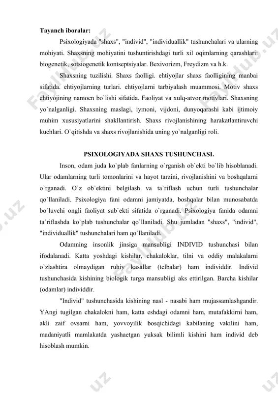 katta eshdagi odamni ham, mutafakkirni ham, akli zaif ovsarni ham, yovvoyilik bosqichidagi kabilaning vakilini ham, madaniyatli mamlakatda yashaetgan yuksak bilimli kishini ham individ deb hisoblash mumkin. individ sifatida dunyoga kelgan kishi hayot jarayonida alohida sosial fazilat kashf etadi, shaxs bo`lib etishadi. individ sifatida dunyoga kelgan odam keyinchalik, jamiyatdagina shaxsga aylanadi. ijtimoiy munosabatlarga kirishuvchi, ijtimoiy taraqqiyotda ishtirok etuvchi odamgina shaxs deyiladi. shaxsning eng asosiy belgisi - uning ongli faoliyat egasi ekanligidir. ma`lumki kishi ongi faqat jamiyatda, boshqalar bilan o`zaro munosabatda, til yordamida ijtimoiy tajribani o`zlashtirishda shakllanadi. binobarin shaxs ham faqat jamiyatdagina shaxsga aylanishi mumkin. shaxs tushunchasida odamning ijtimoiy xarakteri aks ettirilgan. lekin shaxsni ijtimoiy muhitning passiv mahsuloti deb qarab bo`lmaydi. shaxs ijtimoiy tajribani faol ravishda tahlil qiladi, o`zlashtiradi, o`zi uchun o`zgartiradi - bu jarayon davomida o`zi ham shaxs sifatida shakllanadi. shaxsning faolligi uning o`zi hayot uchun yo`l tanlashida, bu yo`lni egallashida, hayotda o`z mavkei va urnini anglashida ifodalanadi. shaxs shakllanib borgan …