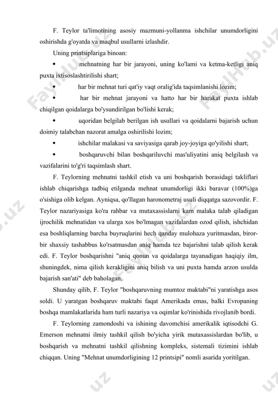 jargan ishchilarga tarif stavkalari va koeffitsientlari oshirilar (8-band), uni bajara olmagan ishchilarga esa stavkalari 20-30% pasaytirilib, jarima solingan. shu bilan birga berilgan vazifani yuqori darajada bajarilishi uchun sharoit ham yaratilgan. mumtoz menejment namoyondasi a. fayol olg'a surgan tamoyillar "ilmiy menejment" namoyandalari o'z ilmiy ishlarini asosan korxona, tashkilot, boshqaruvini takomillashtirishga bag'ishlashgan. ular boshqaruvning quyi darajasidagi masalalar bilan, ya'ni faqat ishlab chiqarish darajasidagi boshqaruv bilan shug'ullanishgan. ma'muriy maktabning vujudga kelishi munosabati bilan mutaxassislar endi umumtashkilot darajasidagi boshqaruv muammolari bilan shug'ullana boshladilar. teylor va gilbertlar oddiy ishchidan muvaffaqiyatga erishib, shuhrat qozonib martabaga minganlar. aynan shu tajriba ularning boshqaruv to'g'risidagi tushunchalariga keskin ta'sir etgan. ulardan farqli o'laroq, mumtoz ma'muriy maktabining asoschilari: yirik biznens sohasida mashhur, boshqaruvning yuqori bo'g'inida esa yuksak tajribali amaliyotchi rahbarlar bo'lishgan. ularni tashvishlantirgan bosh masala - bu umumtashkilot miqyosida samaradorlikka erishish bo'lgan. shunday maqsad qo'yilgan bo'lsa-da, ular boshqaruvning sotsial jihatlariga unchalik e'tibor berishmagan, ustiga-ustak ularning ishlari shaxsiy tuzatuvlar doirasidan chiqmagan. shu …