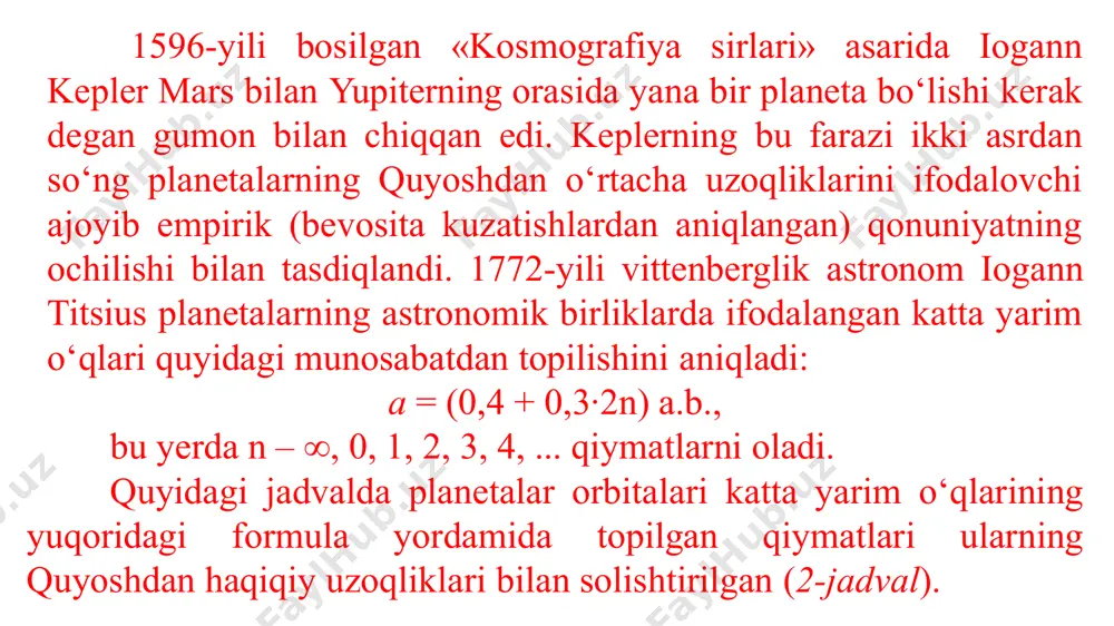 ham birorta osmon jismi bo‘lishi kerak degan fikrni bildirdi. xx asr boshida astronom lovell noma’lum planetani qidirish bilan shug‘ullandi. bu osmon jismi pluton planetasi bo‘lib chiqdi. uni 1930-yilda k.tombo topdi. xx asr oxiriga kelib, neptun planetasi orbitasi tashqarisida ham asteroidlar belbog‘i topildi va unga «koyper belbog‘i» deb nom berildi. buning sababi, 1951-yildayoq uning mavjudligini amerikalik astronom j. koyper bashorat qilgan edi. olimlar bu belbog‘ gigant planetalardan 35–50 a.b. uzoqlikda joylashgan bo‘lib, asteroidlar va kometalardan tashkil topgan degan fikrni berdilar. 1992-yilda koyper belbog‘idagi diametri 280 km bo‘lgan 1992qb1 (albion) – birinchi obyekt topildi. 2000-yilning may oyiga kelib topilgan transneptun (neptunorti) obyektlarining soni 300 taga yaqinlashib qoldi. bu jismlarning bari planetalar singari quyosh atrofida uning planetalari kabi to‘g‘ri yo‘nalishda aylanadi (82-a rasm). ularni asteroid yoki kometa deb atash juda qiyin, chunki yangi ochilayotgan bu jismlarning diametri ancha katta bo‘lib, 100–800 km ni tashkil qiladi. eng oxirgi tadqiqotlarning natijasiga ko‘ra, bu belbog‘da diametri …