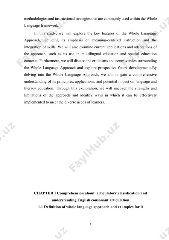 comprehensive understanding of its principles, applications, and potential impact on language and literacy education. through this exploration, we will uncover the strengths and limitations of the approach and identify ways in which it can be effectively implemented to meet the diverse needs of learners. chapter i comprehension about articulatory classification and understanding english consonant articulation 1.1 definition of whole language approach and examples for it the whole language approach is an instructional method in the field of literacy education that emphasizes the integration of various language skills, such as reading, writing, speaking, and listening, within meaningful contexts. it views language as a whole system, where these skills are interconnected and best learned through authentic, real-world experiences. the approach focuses on meaning-making, comprehension, and communication rather than isolated skills and drills. instead of breaking down language into discrete components, such as phonics, vocabulary, and grammar, the whole language approach encourages students …