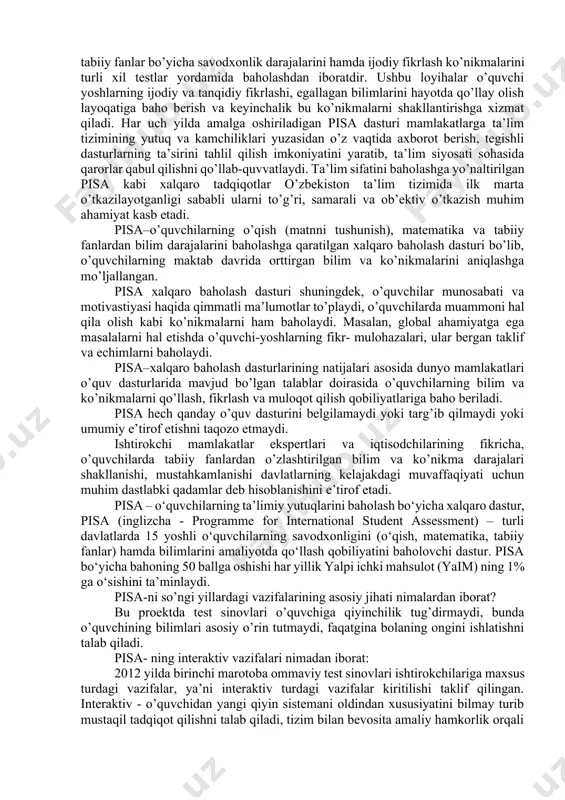 stirish materialni tayyorlash, takomillashtirish, mavzuga oidini tanlash, joylashtirish, mantiqiy operatsiyalarga katta ahamiyat beriladi. tafakkur til materiali yordamida nutqiy shakllantirilsa va bayon etilsagina muvaffaqiyatli o'sadi. tushuncha so'zlar yoki so'z birikmalari bilan ifodalanadi, shunday ekan, tushuncha til vositasi bo'lgan so'zda muhim aloqa materialiga aylanadi. kishi tushuncha ifodalaydigan so'z (so'z birikmasi) ni bilsagina, shu tushunchaga asoslangan holda, tashqi nutqda fikrlash imkoniga ega bo'ladi. nutqda fikr shakllantiriladi, shu bilan birga, fikr nutqini yaratadi. «nutq tafakkur bilan chambarchas bog'langandir. nutq bo'lmasa, tafakkur ham bo'lmaydi, til materiali bo'lmasa, fikrni ifodalab berib bo'lmaydi». fikrni nutqiy shakllantirish uning aniq, tushunarli, sof, izchil, mantiqiy bo'lishini ta'minlaydi. tilni egallash shu tilning fonetikasini, lug'at sostavini, grammatik qurilishini bilib olish, fikrni takomillashtirish uchun, tafakkurni o'stirish uchun shart-sharoit hozirlaydi. bilimlar, faktlar, har xil axborotlar tafakkurning ham, nutqning ham materialidir. nutq tafakkur jarayonini o'rganishning muhim vositasi bo'lib xizmat qiladi. nutqdan o'quvchiniig fikriy rivojining asosiy o'lchovlaridan biri sifatida foydalaniladi. boshlang‘ich sinf o‘quvchilari nutqini o‘stirish yuzasidan …