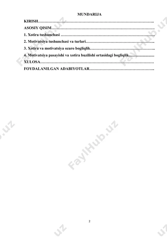 idagi o‘rni, ularning o‘zaro bog‘liqligi hamda samaradorlikni oshirish usullarini o‘rganishga qaratilgan. asosiy maqsad – xotira va motivatsiya jarayonlarini ilmiy-nazariy jihatdan tahlil qilish, ularning inson hayoti va rivojlanishiga ta’sirini aniqlash hamda amaliy tavsiyalar ishlab chiqish. kurs ishning vazifalari-xotira va motivatsiya tushunchalarining nazariy asoslarini o‘rganish; -xotiraning turlari va ularni rivojlantirish usullarini aniqlash; -motivatsiya va uning inson faoliyatidagi o‘rnini tahlil qilish;qilish -xotirani mustahkamlash va motivatsiyani oshirish bo‘yicha amaliy tavsiyalar ishlab chiqish. kurs ishning obyekti-ushbu kurs ishining obyekti inson xotirasi va motivatsiya jarayonlari hisoblanadi. ya’ni, inson ongining bilimlarni qabul qilish, saqlash va eslab qolish qobiliyati hamda uni harakatga undovchi psixologik omillar tadqiq qilinadi.shuningdek, ish doirasida xotira va motivatsiyaning o‘zaro bog‘liqligi, ta’lim jarayoni, ish faoliyati va shaxsiy rivojlanishga ta’siri o‘rganiladi. tadqiqot natijalari ta’lim oluvchilar, mutaxassislar va keng jamoatchilik uchun foydali bo‘lishi mumkin. tadqiqot metodlari-ushbu kurs ishida xotira va motivatsiya jarayonlarini o‘rganish uchun quyidagi tadqiqot metodlaridan foydalaniladi: nazariy tahlil – psixologiya, pedagogika va neyrobiologiya sohasidagi ilmiy …