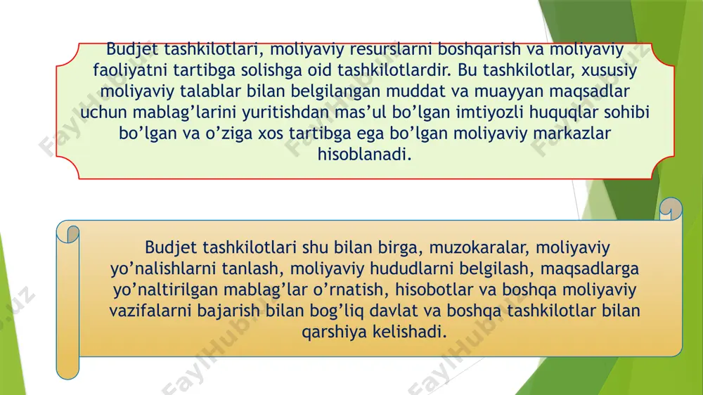 arining vazifalarini ko’rib chiqamiz: budjet tashkilotlarining vazifalari moliyaviy budjetni tuzish va takomillashtirish: budjet tashkilotlari mamlakatning yillik budjetini tuzishda o’z muvaffaqiyatiga qo’shnilar. ular moliyaviy dasturlarni yaratish, moliyaviy resurslarni to’plash va foydalanishni tartibga solish va moliyaviy budjetning takomillashishida ishtirok etish bilan shug’ullanishadi. moliyaviy hisobotlar va analizlar: budjet tashkilotlari yillik hisobotlar va analizlar tayyorlash bilan ham mas’uldir. ular moliyaviy axborotlarni to’plab chiqish, moliyaviy muammosizliklarni aniqlash va muammolarga hal topish, moliyaviy yo’nalishlarni optimallashtirish, moliyaviy natijalar va tahlillarni tayyorlash va boshqa moliyaviy hisobotlarni tuzishga erishish uchun foydalaniladi. moliyaviy loyihalarni qo’llab-quvvatlash: budjet tashkilotlari moliyaviy loyihalarni boshqarishdagi xizmatlarni ta’minlashda va loyihalarning moliyaviy to’laydiganlik va foydalanish masalalarini yechishda muhtoj bo’lishi mumkin. ular loyihalar ustida hisob-kitob, takomillashtirish, qo’llab-quvvatlash, loyihalar bilan bog’liq tartib va moliyaviy natijalarni baholashga yordam berishning jihatdan mas’uliyatlarga ega bo’lishadi. moliyaviy axborotlarni taqdim etish va ko’rsatish: budjet tashkilotlari, moliyaviy axborotlarni jamlaydigan, tahlil qiluvchi va o’tkazadigan tashkilot sifatida, moliyaviy axborotlarni jamlaydi va ularni bir-biriga va asosiy qo’ng’iroqlarga taqdim …