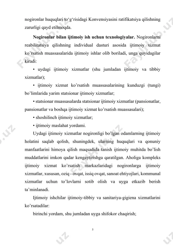 oshilinch ijtimoiy xizmat ko’rsatish bo’limlarida nogironlar uchun ixtisoslashtirilgan uskunalar va og’ir kasallarga yordam beradigan asbob-uskunalar ijarasi mavjud. ijtimoiy ish bo’yicha mutaxassis nogiron kishilarga maslahat beradi, buning natijasida nogironligi bo’lgan fuqarolarning jamiyatda moslashishi, ijtimoiy zo’riqishining pasayishi, oilada qulay munosabatlarning o’rnatilishi, shuningdek, shaxs, oila, jamiyat va davlatning o’zaro munosabati ta’minlanadi. bir qator mintaqalarda nogironlar uchun reabilitatsiya markazlari faoliyat ko’rsatmoqda, ular kasbiy ta’lim va mehnat ta’limi, ijtimoiy moslashuv, tibbiy yordam, shuningdek, jamiyatda mustaqil yashash imkoniyati cheklangan yoki cheklangan qobiliyatli yoshlarni joylashtirish uchun mo’ljallangan muassasalardir. bunday markazlarda nogironlarning doimiy, besh kunlik va kunlik bo’limlar mavjud. insoniyat o’z tarixida har doim ham jismoniy, ham ruhiy jihatdan imkoniyatlari cheklangan odamlar bilan to’qnash kelgan. rivojlanishning turli davrlarida ularga munosabat ham turlicha bo’lgan. «o’zbekiston respublikasida nogironlarni ijtimoiy himoya qilish to’g’risida» o’zbekiston respublikasi qonuniga asosan «nogiron — jismoniy, aqliy, ruhiy yoki sensor (sezgi) nuqsonlari borligi tufayli turmush faoliyati cheklanganligi munosabati bilan qonun hujjatlarida belgilangan tartibda nogiron deb topilgan hamda …