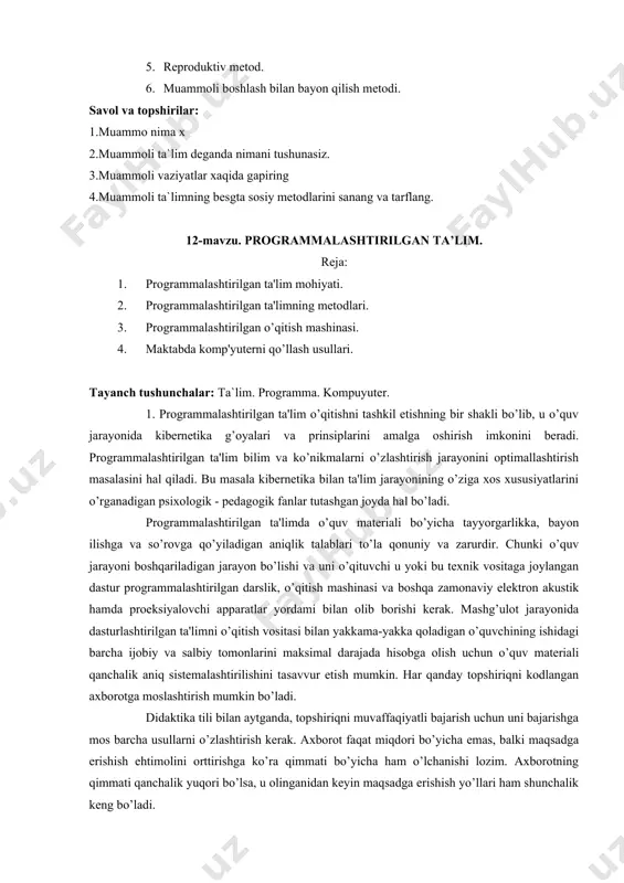 n darslik, o’qitish mashinasi va boshqa zamonaviy elektron akustik hamda proeksiyalovchi apparatlar yordami bilan olib borishi kerak. mashg’ulot jarayonida dasturlashtirilgan ta'limni o’qitish vositasi bilan yakkama-yakka qoladigan o’quvchining ishidagi barcha ijobiy va salbiy tomonlarini maksimal darajada hisobga olish uchun o’quv materiali qanchalik aniq sistemalashtirilishini tasavvur etish mumkin. har qanday topshiriqni kodlangan axborotga moslashtirish mumkin bo’ladi. didaktika tili bilan aytganda, topshiriqni muvaffaqiyatli bajarish uchun uni bajarishga mos barcha usullarni o’zlashtirish kerak. axborot faqat miqdori bo’yicha emas, balki maqsadga erishish ehtimolini orttirishga ko’ra qimmati bo’yicha ham o’lchanishi lozim. axborotning qimmati qanchalik yuqori bo’lsa, u olinganidan keyin maqsadga erishish yo’llari ham shunchalik keng bo’ladi. 2. b.f.skinner taklif qilgan tizim o’quv materialini kichik qismlarga ajratish va har bir qismning o’zlashtirilishini tekshirish o’quvchi barcha materialni berilgan izchillikda ishlab chiqishdan iborat bo’lib, tizimli programmalashtirilgan deyiladi. n.krauder tavsiya etganidek, o’quv materialini tayyorlash tizimini tarmoqlangan programmalashtirish deb ataladi. bu metodika o’quvchi ta'limiy materialning qandaydir tugal qismini ishlab chiqib, savolga …