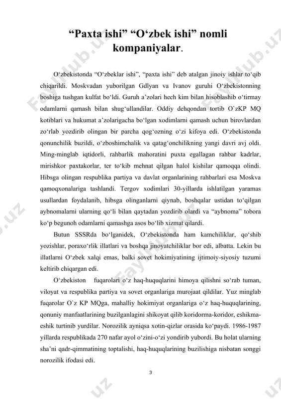 ar ayol o‘zini-o‘zi yondirib yubordi. bu holat ularning sha’ni qadr-qimmatining toptalishi, haq-huquqlarining buzilishiga nisbatan songgi norozilik ifodasi edi. xalqning juda boy tarixi va madaniyatini, o‘lkaning o‘ziga xos noyob xususiyatlarini bilmagan va bilishni istamagan kelgindilar, ularga laganbardorlik qilgan ayrim mahalliy amaldorlar xalqning urf-odatlari, an’analarini oyoq osti qildi. xalqimizning boy madaniyati va ma’naviy qadriyatlari kamsitildi. ona tilimizning qo‘llanish doirasi sun’iy tarzda yanada cheklab qo‘yildi. hatto milliy libos kiyib yurish ham qoralandi. milliy an’analar bo‘yicha to‘y qilgan yoki vafot etgan qarindosh-urug‘larni milliy, diniy qadriyatlar asosida dafn qilganlar tanqid ostiga olindi, shafqatsiz jabzolandi. bunday vaziyat xalqni ranjitdi, hafsalasini pir qildi, siyosiy loqaydlikni kuchaytirdi. ko‘plab olimlar, yozuvchilar va boshqa ijodiy xodimlar mislsiz aziyat chekdilar. ularning ko‘pchiligi mahalliychilikda, milliy cheklanganlikda, xurofot-bid’atga berilganlikda, sinfiy va partiyaviy tamoyillardan og‘ishlikda, o‘tmishni, xonlar va amirlar hayotini bo‘rttirib ko‘rsatishda ayblandilar. respublika matbuoti xalq turmushiga doir masalalarni, noxush holatlarni, xalq dardi, orzu-armonlarini oshkoralik bilan yorita boshladi, xalqning o‘zligini anglashga ko‘maklashdi. siyosiy va …