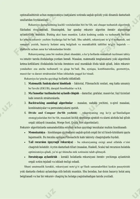 teratsiyadan farqi shundaki, iteratsiya tsikllar orqali ishlaydi va xotirani nisbatan kam ishlatadi. ammo ba’zi muammolarni iterativ shaklda ifodalash juda murakkab bo‘lishi mumkin, ayniqsa daraxtlar, graf tuzilmalar yoki fayl tizimlarini ko‘rib chiqishda. bu hollarda rekursiya juda foydali bo‘ladi. misol uchun, kataloglar ichidagi fayllarni chuqur ko‘rib chiqish (depth-first search), daraxtdagi barcha tugunlarga yetib borish kabi holatlarda rekursiv yondashuv sezilarli darajada soddalikka olib keladi. rekursiv algoritmlarni tahlil qilishda ularning vaqt va xotira murakkabligi hisobga olinadi. masalan, faktorial funksiyaning murakkabligi o(n) bo‘lsa, rekursiv fibonachchi algoritmining murakkabligi o(2^n) ga teng bo‘ladi, ya’ni juda sekin ishlaydi. bu holatda rekursiyani optimallashtirish uchun memoizatsiya (natijalarni xotirada saqlab qolish) yoki dinamik dasturlash usullaridan foydalaniladi. rekursiya dasturlashning kuchli vositalaridan biri bo‘lib, uni chuqur tushunish algoritmik fikrlashni rivojlantiradi. shuningdek, har qanday rekursiv algoritm iterativ algoritmga aylantirilishi mumkin. buning aksi ham mumkin. lekin kodning sodda va tushunarli bo‘lishi ko‘pincha rekursiv yechim foydasiga hal bo‘ladi. shu sababli, rekursiyani to‘g‘ri tushunish, uni samarali yozish, …