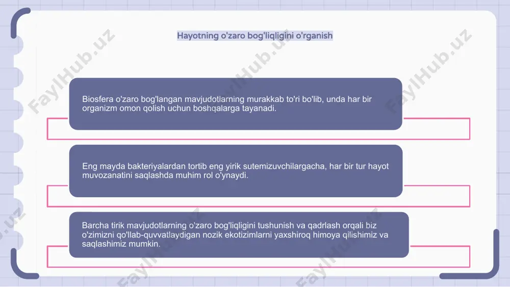 r. ushbu issiq nuqtalar biosferaning umumiy salomatligini saqlashda hal qiluvchi rol o'ynaydi. ushbu issiq nuqtalarni saqlash yerning tabiiy merosini saqlab qolish va son-sanoqsiz turlarning omon qolishini ta'minlash uchun juda muhimdir. biosfera uchun kelajakdagi muammolar va imkoniyatlar biosfera kelajakda uning farovonligini ta'minlash uchun hal qilinishi kerak bo'lgan bir qator muammolarga duch kelmoqda. bu muammolarga iqlim o'zgarishi, o'rmonlarning kesilishi, ifloslanishi va tabiiy resurslardan ortiqcha foydalanish kiradi. shu bilan birga, tabiatni asrash, barqaror rivojlanish va bioxilma-xillikni targ‘ib qilish kabi ijobiy o‘zgarishlar uchun imkoniyatlar ham mavjud. e'tiboringiz uchun rahmat