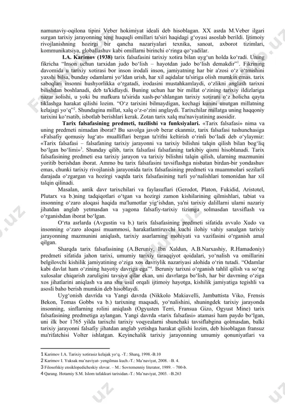 noniston ,markaziy osiyo, eron buyuk madaniyatlari deyarli bir vaqtda vujudga kelgan miloddan avvalgi 800 va 200 yillar oralig‘idagi davrga mos keladi. yevropada fan-texnika davrining boshlanishi mazkur madaniyatlarning davomi (ma'lum ma'noda esa ularning ziddi) bo‘lgan. to‘rtinchi bosqichda insoniyatning birligi vujudga keladi. bu davrda jamiyat insonga munosib bo‘lgan asoslar va tamoyillarga muvofiq rivojlanadi. totalitarizmdan butunlay voz kechishga asoslangan huquqiy davlat mazkur birlikning kafili hisoblanadi. tarixning mazmuni – umuminsoniy madaniyatni va vaqt o‘qining avvalida shakllangan an'analarni saqlash va rivojlantirishdadir. bugungi kunda jamiyatning globallashuvi munosabati bilan tarixning mazmuni haqidagi masala yana kun tartibidan o‘rin olmoqda. zamonlar va xalqlar aloqasini, xalqlar o‘rtasidagi hamjihatlikni qaror toptiradigan, ajdodlarning ma'naviy merosini saqlash va ko‘paytirishni, hozirgi avlodlarning erkinligi va ijodiy imkoniyatlarini ro‘yobga chiqarishni ta'minlaydigan qadriyatlar tizimiga qarab mo‘ljal oluvchi g‘oyalar yana muhim ahamiyat kasb etmoqda. xix asrda falsafadan sotsiologiya ajralib chiqa boshladi. mazkur fan jamiyatni tushunishga nisbatan falsafiy yondashuvlarni asosan tan oladi va ayni vaqtda o‘z predmeti va tadqiqot …