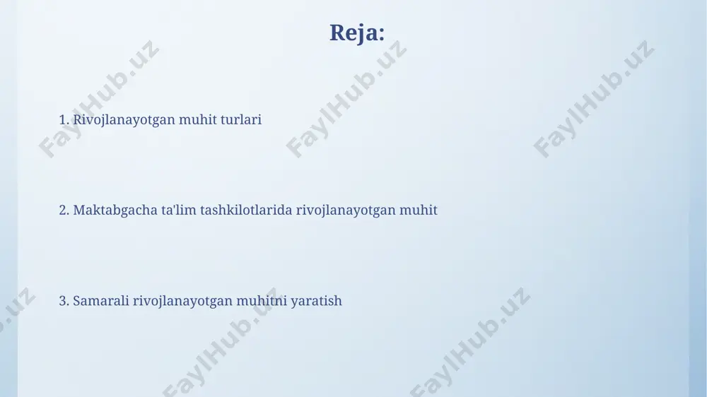 pshiriqdan iborat kitoblar, andijon viloyatining maktabgacha ta'lim muassasalarida bolalarni harflar va raqamlar bilan tanishtirishda qo'llaniladi. rivojlanayotgan muhitni takomillashtirish samarqand viloyatida joylashgan 10 ta bolalar bog'chasida qo'llanilgan yangi o'quv dasturi va o'yinlar yordamida rivojlanayotgan muhitni takomillashtirish natijasida bolalarning ijtimoiy-emotsional rivojlanishi 15% ga yaxshilandi. 2023-yilda toshkent shahridagi 5 ta maktabgacha ta'lim muassasasida o'tkazilgan tadqiqotlar shuni ko'rsatdiki, rivojlanayotgan muhitni takomillashtirish 30% ga o'quvchilarning bilim olish samaradorligini oshirgan. san'atga asoslangan rivojlanayotgan muhit toshkent shahridagi 5 ta bog'chada san’atga asoslangan rivojlanish muhiti orqali 20 dan ortiq turli xil materiallar (bo'yoqlar, loy, qog'oz) dan foydalanib, bolalarning hissiy-aqliy rivojlanishi kuzatilgan. xorazm viloyatida san'atga asoslangan rivojlanish muhiti dasturi 100 dan ortiq o'qituvchini o'qitish orqali 7 ta maktabgacha ta'lim muassasalarida joriy etildi va bu bolalarning o'ziga ishonch hissini 20% ga oshirdi. o'yin faoliyatining roli oʻyin jarayonida bolalar muammolarni 3-4 xil usulda yechishni oʻrganadilar, bu esa ularning muammo hal qilish qobiliyatini rivojlantiradi va andijon viloyatida oʻtkazilgan eksperiment natijalarida tasdiqlangan. oʻyin …