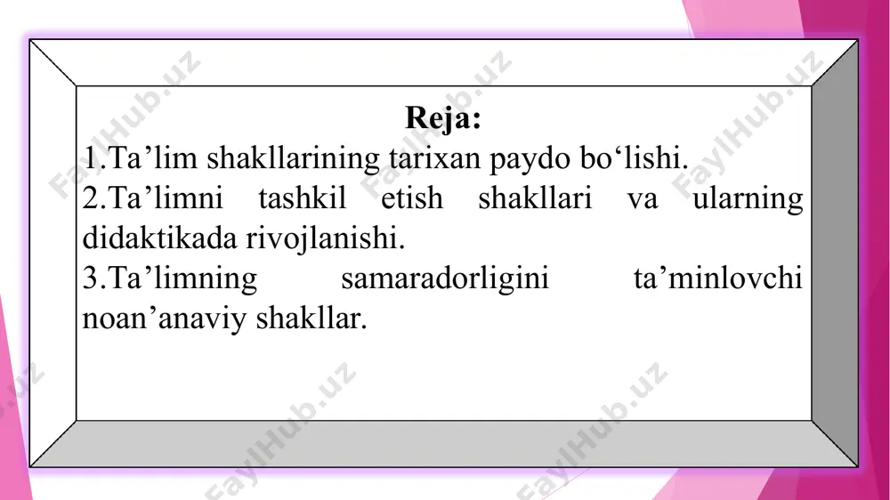 ikda ishlash imkoniyati cheklanganligi (bu ta’lim oluvchining yoki ta’limning ijtimoiylashishiga salbiy ta’sir ko‘rsatadi); jamoada ishlash tajribasini shakllanmasligi va shu kabilardan iboratdir. individual-guruhli shakli xvi asrdan boshlab ta’limning individual-guruhli shakli paydo bo‘ldi. bu ta’lim turidan xvi asrga kelib yevropada keng foydalana boshlandi. markaziy osiyo davlatlarida bu ta’lim turidan qadim davrlarda ham foydalanganlar. bunga avesto davri misol bo‘la oladi. avesto davri jamiyatidagi maktablarda individual о‘qitish jamoaviy o‘qitish bilan birga olib borilar edi. xi asrdayoq abu ali ibn sino o‘zining «tadbiri manzil» nomli ilmiy asarining maxsus («bolalarni maktabda o‘qitish va tarbiyalash») bo‘limida ta’lim oluvchilarga jamoaviy о‘qitish haqida o‘z fikrini bayon etgan. xv asrda jamoaviy o‘qitishni tashkil etish g‘oyasini muhammad tarag‘ay mirzo ulug‘bek davom ettiradi. u o‘zining madrasalarida individual mashg‘ulotlar tizimini bekor qiladi va jamoaviy sinf -dars tizimiga yaqin bo‘lgan shaklni joriy qiladi. umumiy ma’ruzani 50-70 nafar kishidan iborat katta guruhga odatda, o‘z sohasida mashhur bo‘lgan olim mudarris (o‘qituvchi-professor) o‘qiydi, amaliy mashg‘ulotlarni esa 10-15 …