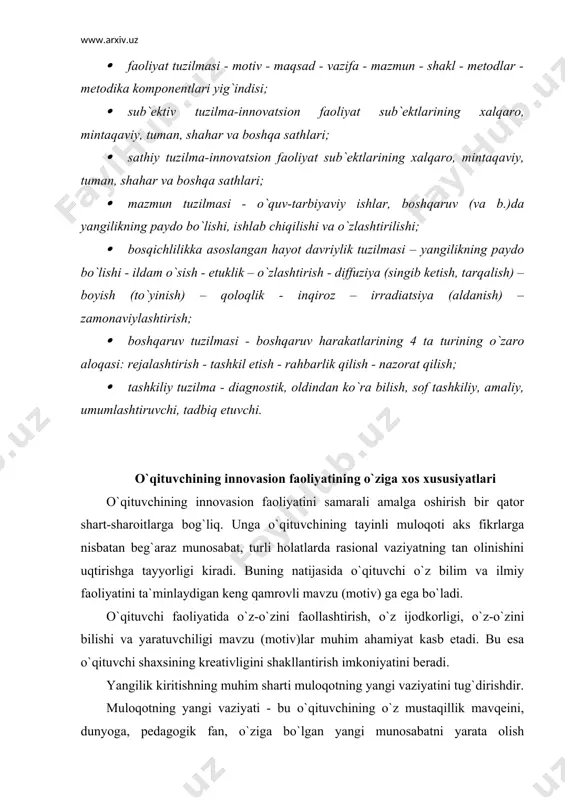 o`qituvchi o`z nuqtai nazarlariga o`ralashib qolmaydi, u pedagogik tajribalarning boy shakllari orqali ochilib, mukammallashib boradi. bunday vaziyatlarda o`qituvchining fikrlash usullari, aqliy madaniyati o`zgarib boradi, hissiy tuyg`ulari rivojlanadi. guruh sharoitida ishlashda va tanqidiy fikrlashga o`rgatishda turli interfaol usullardan foydalanish yaxshi samara beradi. shunday usullardan ayrimlari bilan tanishib chiqamiz. aqliy hujum (breynshtorming) aqliy hujum- g`oyalarni generatsiya qilish usuli. qatnashchilar birlashgan holda qiyin muammoni yechishga harakat qiladilar: uni yechish uchun shaxsiy g`oyalarini ilgari suradilar (generasiya kiladi). u ishtirokchilarni o`z tasavvurlari va ijodlaridan foydalanishga rag`batlantiradi. «aqliy hujum»ning vazifasi kichik guruhlar yordamida yangi- yangi g`oyalarni yaratishdir. bu usul muammoni hal qilayotgan kishilarning ko`proq aql bovar qilmaydigan va hatto fantastik g`oyalarni yaratishga undaydi. g`oyalar qancha ko`p bo`lsa, ularning hech bo`lmaganda bittasi ayni muddao bo`lishi mumkin. «aqliy hujum»ning qoidalari: 1. fikr va g`oyalar hech qanday cheklanmagan holda iloji boricha qattiqroq aytilishi lozim; 2. bildirilgan fikr va g`oyalar takliflar berish to`xtatilmaguncha muhokama qilinmaydi, baholanmaydi; 3. bildirilgan har qanday …