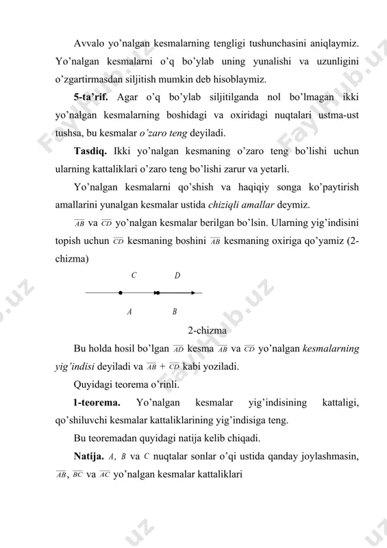 dinatalarini toping. yechish. berilgan nuqtalarni sonlar o’qida tasvirlaymiz (7-chizma). (-2) (5) (12) b (19) 7-chizma 1. shart bo’yicha c nuqta ad kesmani =1/2 nisbatda bo’ladi. (1) formulaga ko’ra x1 =-2, x2 =19, embed equation.3 deb olsak, nuqtaning koordinatasi: embed equation.3 yoki xc = 5 2. nuqta kesmani =2/1 nisbatda bo’ladi. (1) formulaga =-2, =19, =2 qiymatlarni qo’yib nuqtaning xd koordinatasini topamiz: xd =12 eslatma. ning musbat qiymatlari uchun nuqta va nuqtalar orasida yotadi ( 6-chizmaga qarang). bunda va kesmalar bir xil yo’nalgan bo’ladi). ning manfiy qiymatlari uchun nuqta kesmadan tashqarida yotadi (nima uchun ?). � embed equation.3 �� _1112722147.unknown _1112729136.unknown _1112733559.unknown _1112885477.unknown _1112885886.unknown _1142491359.unknown _1142491754.unknown _1166783355.unknown _1142491807.unknown _1142491378.unknown _1142491734.unknown _1142491338.unknown _1112886470.unknown _1112885591.unknown _1112885721.unknown _1112885883.unknown _1112885884.unknown _1112885747.unknown _1112885882.unknown _1112885678.unknown _1112885696.unknown _1112885612.unknown _1112885564.unknown _1112885359.unknown _1112885390.unknown _1112885456.unknown _1112885374.unknown _1112885312.unknown _1112885343.unknown _1112885148.unknown _1112729736.unknown _1112730074.unknown _1112730107.unknown _1112730141.unknown _1112730164.unknown _1112733558.unknown _1112730163.unknown _1112730123.unknown _1112730093.unknown _1112730034.unknown _1112730041.unknown _1112729932.unknown _1112729989.unknown _1112729900.unknown _1112729574.unknown _1112729680.unknown _1112729705.unknown _1112729307.unknown _1112729540.unknown _1112729144.unknown _1112729306.unknown _1112723446.unknown …