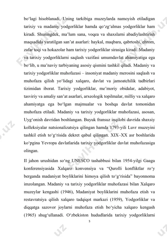 uhofaza etish, asosan, xx asrning 20-yillaridan boshlangan. 1920-yili maorif xalq komissarligi qoshida muzeylar, sanʼat asarlari va qadimgi yodgorliklarni muhofaza qilish turkiston qoʻmitasi – turkkomstaris tuzilgan, keyinchalik oʻrta osiyoda milliy hududiy chegaralanishdan soʻng bu tashkilot “sredazkomstaris” deb qayta nomlangan. lekin shunga qaramasdan sovet hokimiyati yillarida oʻzbekistondagi tarixiy yodgorliklar, xususan, tarixiy obidalar muhofazasi qoniqarli boʻlgan deb boʻlmaydi. aholini oʻz tarixidan uzib qoʻyish va eʼtiqodidan mahrum qilish maqsadida olib borilgan maxsus siyosat oqibatida tarixiy yodgorliklarning asosiy qismi xx asrda vayrona holiga kelib qoldi va maʼlum qismi butunlay yoʻqotildi. paxtachilikni rivojlantirish shiori ostida koʻplab arxeologik ahamiyatga ega tepalar, madaniy qatlamlar shudgor ostida qolib ketdi. tarixiy yodgorliklarni asrab-avaylash, ularni keyingi avlodlarga meros qoldirish ishiga tom maʼnoda oʻzbekiston oʻz mustaqilligini qoʻlga kiritgandan keyin kirishildi. yodgorliklarni himoya qilishda qanday muammolar mavjud? hozir tarixiy yodgorliklarni muhofaza qilish ishi bilan oʻzbekiston respublikasi madaniyat ishlari vazirligi huzuridagi madaniy meros obyektlarini muhofaza qilish va ulardan foydalanish ilmiyishlab chiqarish bosh boshqarmasi shugʻullanmoqda. …