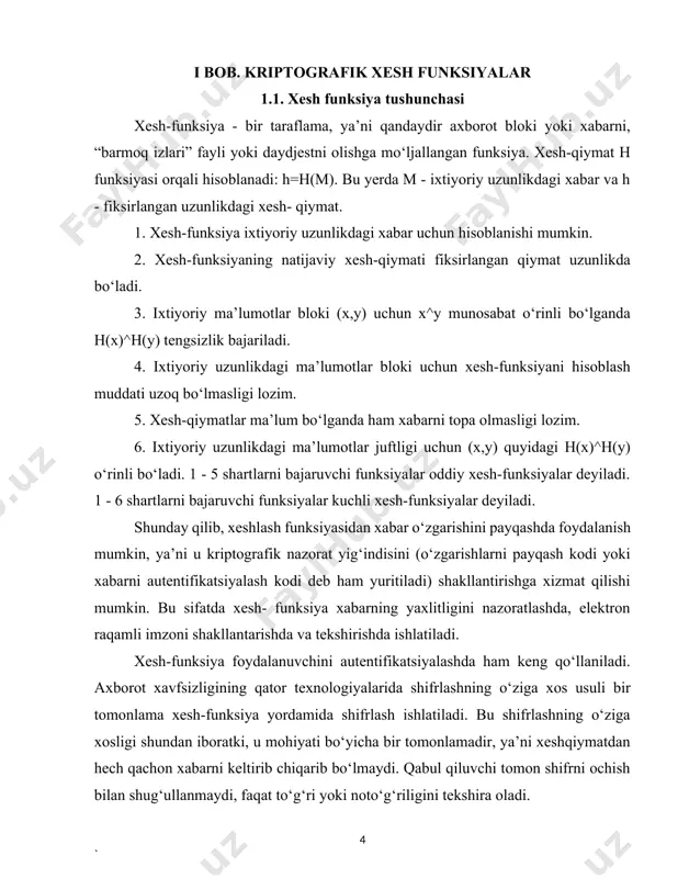 imlarida ishlatiladi. odatda kalitsiz xesh funksiyalardan quyidagi xossalarni qanoatlantirishi talab qilinadi: 1) bir tomonlamalik; 2) kolliziyaga bardoshlilik; 3) xesh qiymatlari teng bo‘lgan ikkita ma’lumotni topishga bardoshlilik. birinchi shart berilgan xesh qiymatga ega bo‘lgan ma’lumotni, ikkinchi shart bir xil xesh qiymatga ega bo‘lgan ma’lumotlar juftini, uchinchi shart xesh qiymati ma’lum bo‘lgan berilgan ma’lumot uchun xesh qiymati shunga teng bo‘lgan ikkinchi ma’lumotni topishning murakkab ekanligini bildiradi. masalan, nazorat yig‘indini topuvchi src xesh funksiyasi chiziqli akslantirish bo‘ladi va shuning uchun ham bu uchta shartdan birontasini ham qanoatlantirmaydi. kalitsiz xesh funksiya sifatida yuqorida qaralgan “imitovstavka”ni ishlab chiqish rejimidagi bloklab shifrlash algoritmi asosida qurilgan ko‘rinishdagi xesh funksiyadan foydalanish ham maqsadga muvofiq emas. chunki, bloklab shifrlash algoritmining teskarilanuvchanligi ixtiyoriy xesh qiymat uchun fiksirlangan va hammaga ma’lum bo‘lgan kalitda kiruvchi ma’lumotni tanlash imkonini beradi. 1-rasm. axborot-kommunikatsiya tizimlarida xesh funksiyalarni qo‘llash sxemalari 2-rasm. axborot-kommunikatsiya tizimlarida xesh funksiyalarni qo‘llash sxemalari 3-rasm. axborot-kommunikatsiya tizimlarida xesh funksiyalarni qo‘llash sxemalari 4-rasm. axborot-kommunikatsiya …