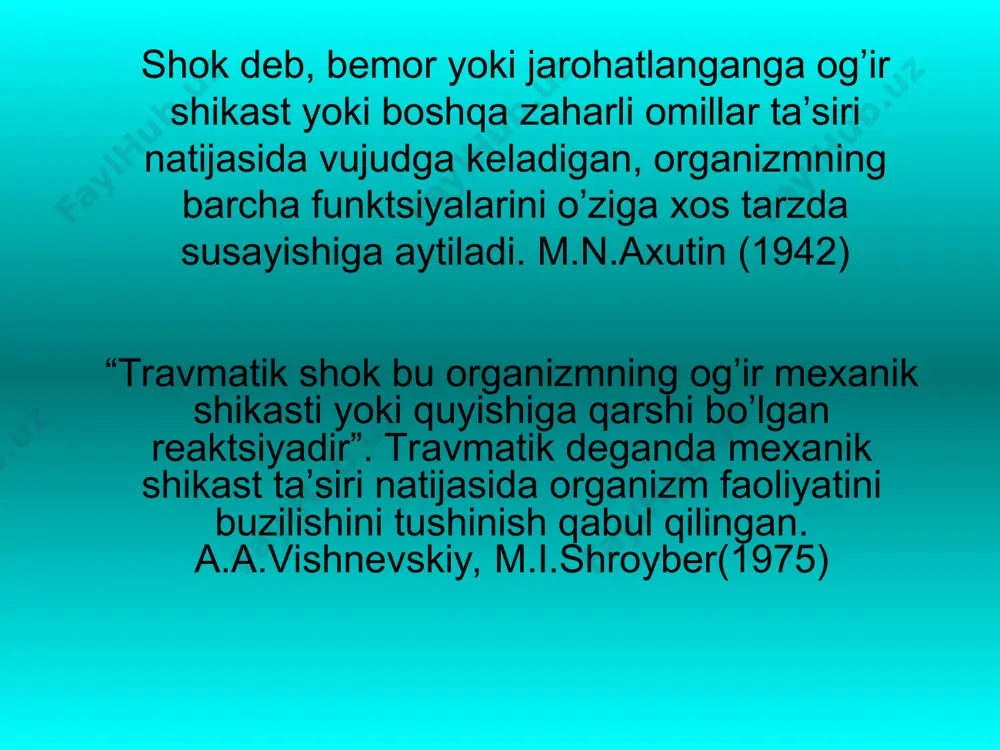 ng bo’lsa (puls 110 ta, aqb 110), bemorning holati havfli, o’rta darajadagi shok, qon yo’qotish 20-30% ga teng. indeks 1 dan katta bo’lsa (puls 110 ta, aqb 80mm.sim.ust.) – havf soluvchi shok, qon yo’qotish esa 30-50% ga teng. travmatik shokni davolashda 5 asosiy yoʼnalish 1. hayotga xavf soluvchi jarohatlarni davolash 2. shok impulьslarini toʼxtatish (ogʼriqsizlantirish) 3. аyuqh toʼldirish va qonni reologik xususiyatlarini yaxshilash 4. metabolizm korrektsiyasi – gipoksiya va respirator atsidozni bartaraf qilish: kislorod ingalyatsiyasi, oʼpkaning suʼniy ventilyatsiyasi 5. аʼzolarning faoliyatini yaxshilash birinchi tibbiy yordam nafas yo’llarini ozod etish (til fiksatsiyasi, og’izgi tushgan moddalardan, qonda tozalash); tashqi qon ketishni vaqtincha to’xtatish; yaradorning nafasini tiklash uchun orqasiga yotqiziladi, boshi pastga tushiriladi, pastki jag’i oldinga chiqariladi, “og’izdan-og’izga”, “og’izdan-burunga” usulida o’pka sun’iy ventilyatsiyasi qilinadi. yurak to’xtab qolganda – yurak massaji. ko’krak qafasi jarohati bo’lsa okklyuzion bog’lam qo’yiladi. transport immobilizatsiyasi qilinadi. og’riq sindromini kamaytirish maqsadida shprits-tyubik bilan narkotik yoki analgetik eritma yuboriladi. vrachgacha bo’lgan …