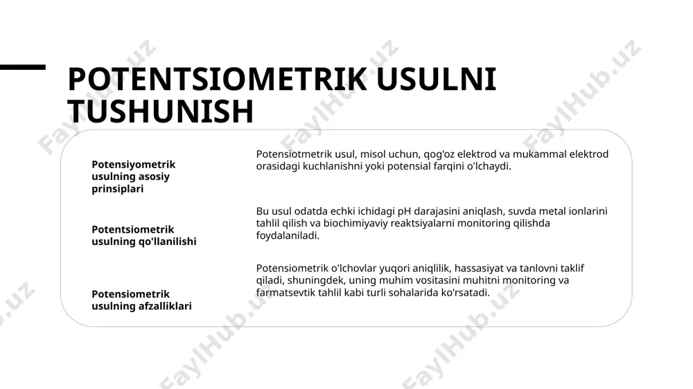 tarjima qiling ko'p uchraydigan muammolarning misollari ph probasining ishlamaganligi, elektrodlarining tashqi moddalar bilan to'ldirilishi va harorat o'zgarishlari, ularni doimiy kalibrlash va tozalash orqali hal qil 2 odatiy xizmat ko'rsatish jarayonlari regulyar ta'minot vazifalari, misol uchun, elektrodlar almashish, echim to'ldirish va uskunalarni tekshirish, ph miqdorlarini aniqlashda to'g'ri va ishonchli natijalarni ta'minlash uchun zarur 3 xatolar aniqlash texnikalari xatolar yechish texnikalari, bo'sh bog'lanishlarni tekshirish, kalibrlash standartlarini tasdiqlash va ma'lum xatolik kodi va echimlar uchun qurilmalar bo'yicha qo'llanma bilan ma'lumot olishni ph qiymatini qo'llashning aralashmasi ekologik monitoring ph qiymatini suv sifatini monitor qilishda juda muhimdir, bu dengizlar, daryolar va dengizlardagi suv ekosistemalarining sog'ligini baholash uchun muhimdir. sanoat protsesslari ph o'lchash sirlidir, chunki uning orqali ovqat va ichimliklar, doriy vositalar va kimyo sanoati kabi sanoatlarida mahsulot sifati va xavfsizligini ta'minlash zarur. qishloq xo'jaligi fermerlar yer to'g'risidagi suyuqlikni baholash uchun ph-ni aniqlashadi, bu esa to'g'ri ekinlarni tanlash va optimal o'simlik o'sish uchun o'zgartirishni amalga oshirishda …