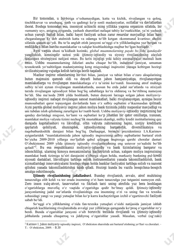 batlari, manfaatlari va qarama-qarshiliklarini yanada tarangroq tugunga bog‘lagan oqibatlarga olib keldi, shu tariqa butun dunyoni barcha asosiy ko‘rsatkichlar bo‘yicha jahon hamjamiyatiga aylantirdi. pirovardda birinchi va ikkinchi jahon urushlari oralig‘idagi davrda globallashuv jarayonlari yanada bo‘rtibroq namoyon bo‘ldi. bu davrda, globallashuvning asosiy beligilari: 1 харенберг б. хроника человечества. – м.: слово, 2000. – с.387. a) biosferaga antropogen ta’sirning kuchayishi va insonning real «geologik kuch»ga aylanishi; b) ommaviy madaniyat, avvalo kino, musiqa, adabiyot, keng iste’mol mollari ishlab chiqarish sohasida faol rivojlana boshlashi; v) televizorning ixtiro etilishi, vaqt o‘tishi bilan u ommaviy madaniyatning asosiy targ‘ibotchisiga va globallashuv ramziga aylanishi; g) makon va vaqtni ilk bor insonning kundalik hayoti ko‘rsatkichlariga qadar uzil-kesil «qisqartirgan» havo kemalarida qit’alararo qo‘nmay, to‘g‘ri uchib o‘tishlarlarda namoyon bo‘ldi. ammo echilmagan ziddiyatlar va umumiy bog‘liqlikning kuchayishi insoniyat tarixidagi eng katta va davomli urush – ikkinchi jahon urushi boshlanishiga olib keldi. bu safar dunyo miqyosidagi urushda er aholisining to‘rtdan uch qismi ishtirok etdi, …