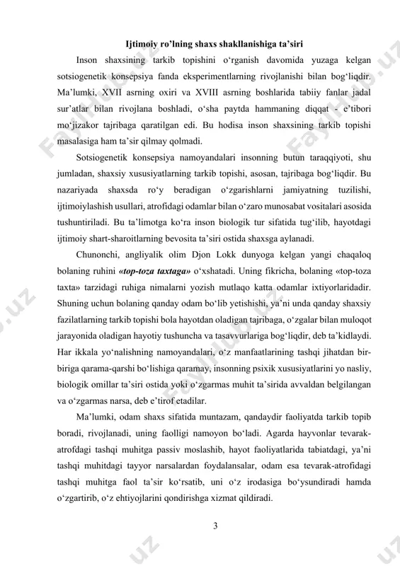 ojlanadi, uning faolligi namoyon bo‘ladi. agarda hayvonlar tevarak-atrofdagi tashqi muhitga passiv moslashib, hayot faoliyatlarida tabiatdagi, ya’ni tashqi muhitdagi tayyor narsalardan foydalansalar, odam esa tevarak-atrofidagi tashqi muhitga faol ta’sir ko‘rsatib, uni o‘z irodasiga bo‘ysundiradi hamda o‘zgartirib, o‘z ehtiyojlarini qondirishga xizmat qildiradi. kuzatishlar jarayonida shu narsa ma’lum bo‘ldi-ki, odamdagi tug‘ma irsiy mexanizmlari uning psixik rivojlanishiga ta’sir ko‘rsatadi-yu, biroq uning mazmunini ham, shaxsiy fazilatlarini ham belgilab bera olmaydi. ta’kidlash zarurki, muhit ham bola psixikasida rivojlantirishda muayyan rol o‘ynaydi. faqat, buning uchun bolani o‘qitayotgan kishilarning ta’siri natijasida bola ana shu muhitni faol ravishda o‘rganib olishi, tabiiydir. inson shaxsi tuzilishida biologik (tabiiy) va ijtimoiy omillarning o‘zaro nisbati masalasi hozirgi zamon psixologiyasidagi eng murakkab va munozarali masalalardan biridir. psixologiyada shaxsda ikkita omil - biologik va ijtimoiy omillar ta’siri ostida shakllangan ikkita asosiy kichik struktura borligini alohida ta’kidlaydigan nazariya sezilarli o‘rin egallaydi. psixik taraqqiyot, yosh bosqichlari va yosh inqirozlari hurriyat - boy ma’naviyat va ruhiyat ilmidan oqilona, …