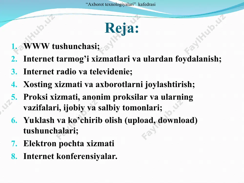 rnetga murojaatni ta`minlaydi; bu xizmat uchun odatda oylik to`lov olinadi. provayder foydalanuvchi qayd yozuvini sozlashi zarur bo`lib, bu qayd yozuv foydalanuvchi nomi va parolni saqlaydi; ko`pgina provayderlar foydalanuvchiga elektron pochta manzilini taklif etadi. internet-provayderlar bugungi kundagidek odatiy hol bo`lishidan oldin 90-yillarda internetga murojaat odatda universitetlar a`zosi yoki davlat tashkilotlari a`zolari bo`lgan foydalanuvchilargagina murojjatli edi.1 1david watson and helen williams, computer science, ® igcse is the registered trademark of cambridge international examinations, 2014. “axborot texnologiyalari” kafedrasi internet radio va televideniya www tarmog’idagi ma`lumotlardan foydalanish uchun faqatgina brouzerlarning xizmati kamlik qiladi. ya`ni audio hamda video hujjatlarni aks ettiruvchi tezkor dasturlar ham mavjuddir. bu dasturlar serverlarda joylashgan yoki to’g’ridan - to’g’ri uzatilayotgan audio hamda video hujjatlardan foydalanishga imkoniyat yaratadi. bular: real rlayer, quck rlayer, cosmo rlayer, media rlayer. “axborot texnologiyalari” kafedrasi xosting xizmati va axborotlarni joylashtirish foydalanuvchi veb-sahifalarini internet provayderi serverida joylashtirish va joriy qilish amali xosting deb ataladi. xosting so’zi to’la qonli …