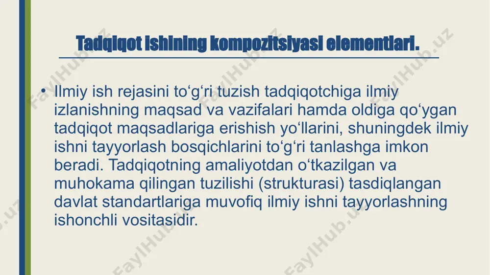 ibalarni tahlil qilish va natijalarni umumlashtirish; taklif va tavsiyalar ishlab chiqish. 4. tadqiqot obyekti va predmeti obyekt — siz o‘rganayotgan umumiy soha. predmet — siz shu sohadan aynan nimani o‘rganayapsiz. namuna: tadqiqot obyekti: umumta’lim maktablarida dars jarayoni. tadqiqot predmeti: dars jarayonida raqamli darsliklardan foydalanish samaradorligi. 5. tadqiqot metodlari tadqiqotda qaysi usullar ishlatilganini ko‘rsating: kuzatish, taqqoslash, statistik tahlil, so‘rovnoma, eksperiment va h.k. namuna: ilmiy ishda kuzatuv, statistik tahlil, so‘rovnoma o‘tkazish va ilmiy adabiyotlarni tahlil qilish usullaridan foydalanildi. 6. ilmiy yangilik (agar mavjud bo‘lsa) agar sizning tadqiqotingizda yangicha yondashuv, metod yoki natija mavjud bo‘lsa, shu yerda aytib o‘tiladi. namuna: ilmiy ishning yangiligi shundaki, u mavjud raqamli darsliklarning foydalilik darajasini real sinf sharoitida empirik tarzda baholaydi. 7. ilmiy ishning tuzilishi haqida qisqacha ma’lumot bu yerda ishingiz necha bobdan iboratligini va har bir bobning nimalarni qamrab olishini qisqacha yozasiz. namuna: ilmiy ish kirish, uchta bob, xulosa, foydalanilgan adabiyotlar ro‘yxati va ilovalardan iborat. birinchi bobda …