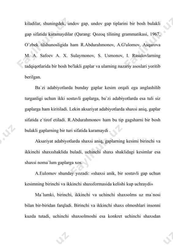ilan bir-biridan farqladi. birinchi va ikkinchi shaxs olmoshlari insonni kuzda tutadi, uchinchi shaxsolmoshi esa konkret uchinchi shaxsdan tashsari, har qanday shaxs yoki predmetni ifoda qilishi ma`lum. shunday ekan, uchinchi shaxsolmoshi konkret shaxsni ifodalaganda, birinchi, ikkinchi shaxsolmoshlari bilan umumishshkka ega buladi. bu vazifada u olmoshi men, sen olmoshlari sirasida k,aralishi lozim. sodda gaplar va ularning turlari sodda gaplar grammatik sosga ko’ra ikki guruhga bo’linadi: 1)bir bosh bo’lakli gaplarning grammatik asosida bir bosh bo’lak mavjud bo’ladi: ota-onalarga yordam berdik. 2)ikki bosh bo’lakli gaplarning grammatik asosida har ikkala bosh bo’lak ham, ya’ni ega va kesim ham qatnashadi: biz maktabga bordik. kki bosh bo’lakli gaplarning turlari. 1.yig’iq ikki bosh bo’lakli gaplar tarkibida bosh bo’laklargina mavjud bo’ladi: o’quvchilar yig’ildilar. ba’zan ega va kesim birikma bilan ifodalanib, kengayib keladi va ikkinchi darajali bo’laklar borga o’xshab ko’rinadi, lekin bu gaplar ham yig’iq gaplar hisoblanadi: yigit ham shunaqa bo’ladimi? ikki dugona termilib qolishdi. 2.yoyiq ikki bosh bo’lakli gaplar …