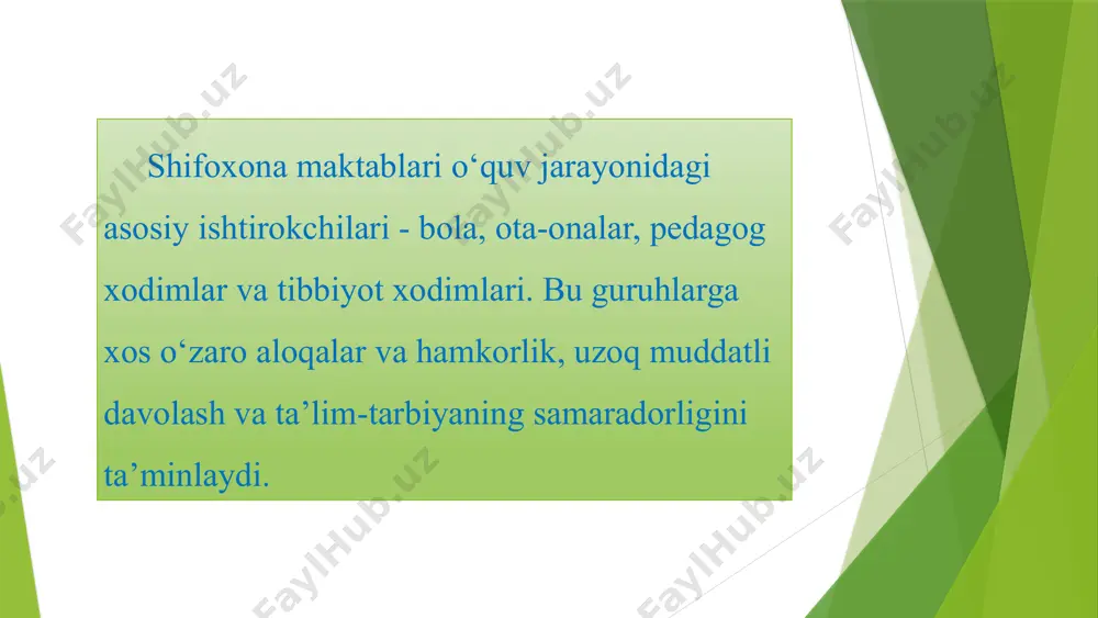 ar yo'nalishini tanlash, kerakli ko'nikmalarni shakllantirish. 3 mustaqil hayot oila va jamiyatda moslashish, ijtimoiy va iqtisodiy faollikni ta'minlash. 12 xulosa shifoxona maktablarida o‘quv jarayoni, bolalar, ota-onalar, pedagoglar va tibbiyot xodimlarining hamkorligi orqali muvaffaqiyatli amalga oshiriladi. uzoq muddatli davolanishga muhtoj bo‘lgan bolalar o‘zlarining tibbiy va psixologik ehtiyojlari bilan ajralib turadi, shuning uchun o‘quv jarayonida ularning individual xususiyatlari hisobga olinishi zarur. surunkali kasalliklar yoki ruhiy va asab tizimi kasalliklariga chalingan bolalar bilan ishlashda maxsus pedagogik yondashuvlar, shuningdek, tibbiyot xodimlari va ota-onalar bilan o‘zaro samarali kommunikatsiya aloqalarini o‘rnatish muhim ahamiyatga image1.png image2.png image3.png image4.png image5.png image6.png image7.png image8.png image9.png image10.png image11.png