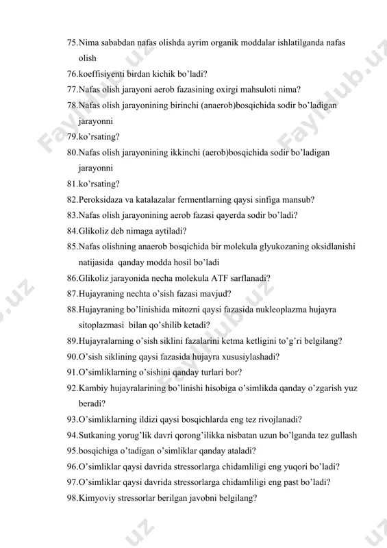 hadi? 91. o’simliklarning o’sishini qanday turlari bor? 92. kambiy hujayralarining bo’linishi hisobiga o’simlikda qanday o’zgarish yuz beradi? 93. o’simliklarning ildizi qaysi bosqichlarda eng tez rivojlanadi? 94. sutkaning yorug’lik davri qorong’ilikka nisbatan uzun bo’lganda tez gullash 95. bosqichiga o’tadigan o’simliklar qanday ataladi? 96. o’simliklar qaysi davrida stressorlarga chidamliligi eng yuqori bo’ladi? 97. o’simliklar qaysi davrida stressorlarga chidamliligi eng past bo’ladi? 98. kimyoviy stressorlar berilgan javobni belgilang? 99. biologik stressorlar berilgan javobni belgilang? 100. qurg’oqchilik necha xil bo’ladi? 101. qaysi qurg’oqchilik asosan yozning o’rtalari va oxirida kuzatiladi? 102. qaysi qurg’oqchilik asosan havo harorati yuqori va nisbiy namlik kam bo’lganda sodir bo’ladi? 103. quruq shamol (garmsel) esganda ko’plab yuzaga keladigan qurg’oqchilik qaysi? 104. tuproqda suvning yetarli bo’lishiga qaramasdan uni o’simliklar o’zlashtira olmasligi bilan xarakterlanadigan qurg’oqchilik qaysi? 105. qisqa muddatli so’lish ham g’o’zaning qaysi organlariga kuchli ta’sir qiladi? 106. qaysi olim noqulay omillarga chiniqtirishni urug’ni unayotgan vaqtida o’tkazishni tavsiya qilgan? 107. qaysi olimning taklifiga …