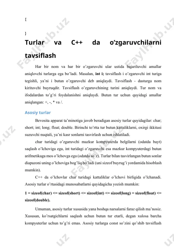 kin: 1 = sizeof(char) (katta); = (katta yoki teng). agar operandlar qo’yilgan shartni qanoatlantirsa , u holda taqqoslash amallari natijada 1 qiymatni beradi, aks holda esa 0 qiymatni beradi. butunga bo’lish amali butun natijani beradi: 7/2 = 3. butun kattaliklar ustida % - qoldiqni hisoblash amali bajariladi: 7%2 = 1. o’zlashtirishda va arifmetik amallarda c++ ularni guruhlash uchun asosiy turlar o’rtasida barcha ma’noli almashtirishlarni bajaradi: double d = 1; int i = 1; d = d + i; i = d + i; satriy turlar c++ da belgilarning biron-bir ketma-ketligi (massivlar) dan iborat matn qatorlarini xotirada saqlash uchun maxsus ansistring ma’lumotlar turi qo’llaniladi. «stroka» - «satr» turidagi o’zgaruvchilar barcha boshqa o’zgaruvchilar kabi e’lon va initsializatsiya qilinadi. kompilyatorga navbatdagi belgilar ketma-ketligi yangi o’zgaruvchining nomi emas, balki satr ekanligini bildirish uchun satrlar bittalik qo’shtirnoq ichiga olinadi. misol: ansistring st = ‘matn qatori’; satr turidagi o’zgaruvchilar ustida boshqa satr o’zgaruvchilar bilan qo’shish amali …