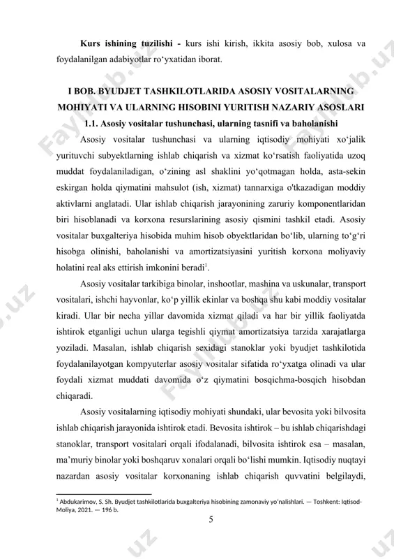 ig‘imining darajasini shakllantiradi hamda xo‘jalik yurituvchi subyektlarning ishlab chiqarish hajmini kengaytirish imkoniyatini ta’minlaydi. asosiy vositalarning iqtisodiy mohiyatini yanada chuqurroq tushunish uchun ularning quyidagi xususiyatlarini ko‘rib chiqish zarur: asosiy vositalar uzoq muddat foydalanish uchun mo‘ljallangan bo‘ladi. ularning xizmat muddati odatda bir yildan ortiq bo‘ladi. ular o‘zining moddiy shaklini yo‘qotmagan holda, ko‘p martalab ishlab chiqarish jarayonida qatnashadi. ular foydalanish jarayonida asta-sekin eskiradi va qiymatini amortizatsiya shaklida ishlab chiqarish xarajatlariga o'tkazadi. asosiy vositalar tashkilot mulkida bo‘ladi va moliyaviy hisobda aktiv sifatida aks ettiriladi. masalan, bir byudjet tashkiloti tomonidan 100 million so‘mga mehnat qurollari (projektor, proyektor ekranlari, printerlar) xarid qilinsa, bu vositalar asosiy vositalar sifatida ro‘yxatga olinadi. ular kamida 3-5 yilgacha xizmat qiladi va har yili ularga tegishli qiymatning bir qismi amortizatsiya hisobida xarajatlarga o‘tkaziladi. asosiy vositalar qiymatini bosqichma-bosqich o‘tkazish jarayoni amortizatsiya hisoblanadi. bunda quyidagi formula qo‘llaniladi: amortizatsiya summasi = asosiy vositaning boshlang‘ich qiymati × yillik amortizatsiya normasi (%) / 100 masalan, 50 million …