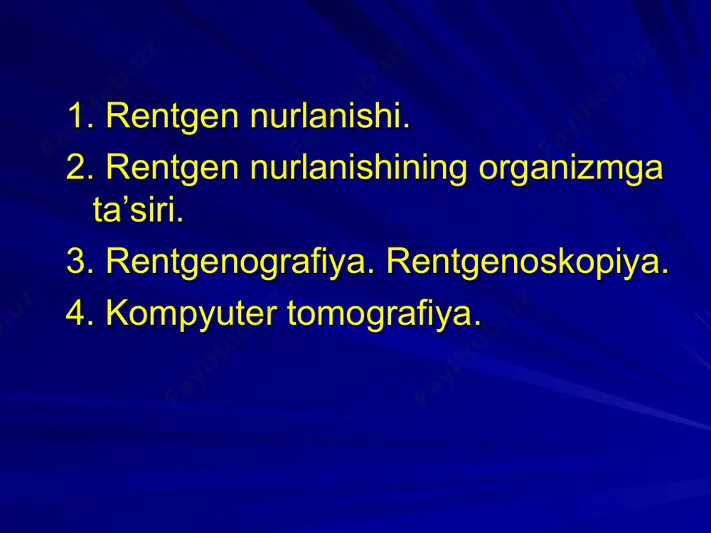 otalar tomoniga siljiydi.bu mozli qonunida o’z ifodasini topadi √v = az-b bunda v- spektr chiziqlarning chastotasi; z- nurlanish chiqaruvchi elementning atom nomeri a va b doimiy sonlar mozli qonunidan har bir seriyadagi spektr chiziqlarning chastotasini aniqlash mumkin. qisqa to’lqinli (0,01 nmdan kichik) rentgen nurlanishi yuqori singish qobiliyatiga ega ,shuning uchun uni qattiq nurlanish deb ataladi. uzun to’lqinli (0,01nmdan katta) rentgen nurlanishini esa yumshoq nurlanish deyiladi. qattiqlikni orttirish uchun rentgen trubkasidagi kuchlanishni oshirish lozim. rengen nurlanishning birlamchi dastasi moddalar bilan o’zaro ta’sirida susayadi.bu jarayon buger qonuniga bo’ysinadi: jd=jo e –md yoki фd= фo e –md bunda jd, фd – moddaning d qalinligidan o’tgan nurlanish intensivligi yoki oqimi jo, фo – moddaga tushuvchi nurlanish intensivligi yoki oqimi; µ - susayishning chiziqli koeffisenti,u moddaning zichligiga, atom nomeriga, nurlanish to’lqin uzunligiga bog’liq, uni uchta qo’shiluvchi kattaliklardan iborat deyish mumkin: µ= µk+ µnk+ µf rentgen nurlanishinig tibbiyotda qo’llanishini muhim tomoni bu diagnostika maqsadlarda ichki organlarni …