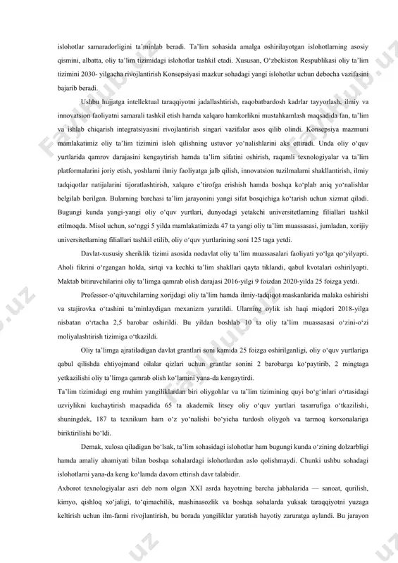 a yangi-yangi zamonaviy bog‘chalar barpo etilyapti. qisqa vaqt, ya’ni to‘rt yil ichida respublikamizda bog‘chalar soni 3 barobar oshib, bog‘cha yoshidagi bolalarni qamrab olish darajasi 28 foizdan 54 foizga yetgani ana shunday amaliy harakatlarimiz natijasidir. sohaga davlat-xususiy sheriklik mexanizmi joriy etilishi tufayli 223 mingdan ortiq o‘ringa ega bo‘lgan 7 ming 400 ta xususiy bog‘cha tashkil qilindi. bu maqsadlar uchun 1 trillion 850 milliard so‘m imtiyozli kredit mablag‘lari yo‘naltirilib, 20 mingga yaqin yangi ish o‘rni yaratildi. yaqin-yaqinlargacha o‘qituvchi-muallimlar, ayrim joylarda o‘quvchilar ham, to‘rt oylab paxta yig‘im-terimi, chopiq va yaganaga chiqarilgan, natijada o‘qituvchi bir oyda o‘rtacha 80 soat dars o‘tishi kerak bo‘lsa, to‘rt oyda 320 soat yo‘qotadigan vaziyat vujudga keldi. amalga oshirilgan islohotlar natijasida mana shunday salbiy holatlarga chek qo‘yildi. “yoshlarni qo‘llab-quvvatlash va aholi salomatligini mustahkamlash yili” davlat dasturida ko‘zda tutilgan 30 ta yangi maktab qurish, 320 ta maktabni ta’mirlash va moddiy-texnik bazasini yaxshilash maqsadida budjetdan 2 trillion so‘m ajratilishi, sohada yagona “yelektron …