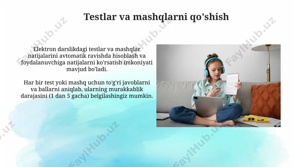 ish orqali, foydalanuvchi tajribasini yaxshilash uchun 10 ta taklif ishlab chiqish va ularni keyingi versiyada amalga oshirish mumkin. grafik va multimedia elementlarini qo'shish multimedia elementlarini, masalan, 5 daqiqagacha bo'lgan audio va video fayllarni, o'zaro bog'liqlikni va interaktivlikni oshirish uchun elektron darslik sahifalariga joylashtirish mumkin. autoplayda 30 dan ortiq turdagi rasm formatlarini qo'llab-quvvatlash, shu jumladan, png, jpg va gif, yuqori sifatli grafikalarni elektron darslikka qo'shish imkonini beradi. foydalanuvchi interfeysi interfeysda matnni kattalashtirish, rang sxemasini o'zgartirish kabi kamida 5 ta foydalanuvchi sozlamalari mavjud boʻlishi kerak, bu esa o'qish qulayligini oshiradi. foydalanuvchi interfeysi sodda va intuitiv boʻlishi kerak, 3 bosqichdan ortiq boʻlmagan harakatlar bilan kerakli ma'lumotlarga kirishni ta'minlashi lozim. elektron kitob yaratishga kirish elektron kitoblarni autoplay yordamida yaratish jarayoni o'quv materiallarini tizimlashtirish, multimedia elementlarini kiritish va interfais dizaynini ishlab chiqishni o'z ichiga oladi, bu esa taxminan 2-3 bosqichdan iborat. o'quv materiallarini elektron kitobga joylashtirishda html5, css3 va javascript kabi dasturlash tillarini bilish kerak …