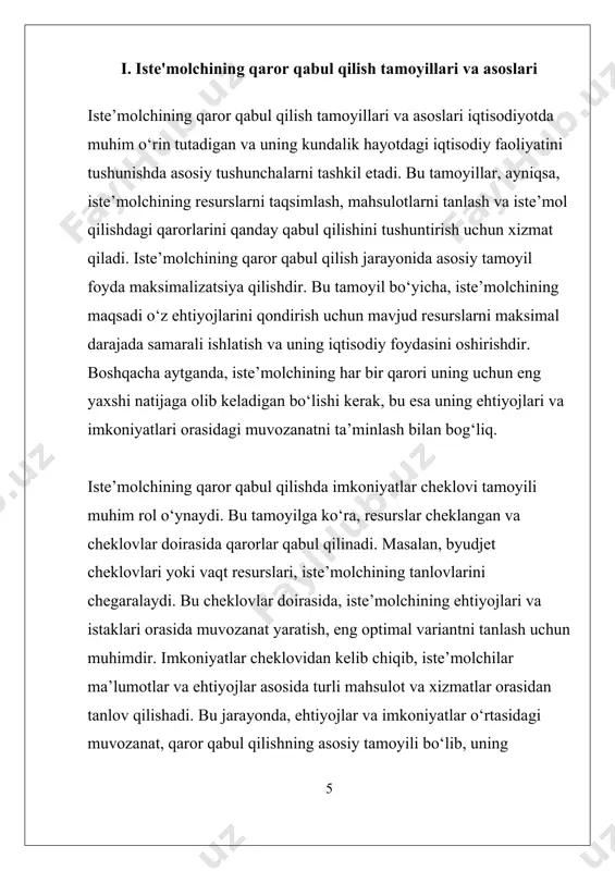 yodda tutish muhim. bu nazariya individdan boshlanib, uning ehtiyojlari, imkoniyatlari va xohishlariga asoslangan holda, resurslarni qanday taqsimlash va qanday mahsulotlarni tanlashni belgilaydi. asosan, insonlar foyda maksimal qilish yoki zarar minimallashtirish uchun qaror qabul qiladilar. bu jarayonda, imkoniyatlar cheklovi va ehtiyojlar bilan taqqoslash muhim rol o‘ynaydi. masalan, iste'molchining biror mahsulotga bo‘lgan ehtiyojini qondirish uchun resurslar chegaralangan bo‘lib, u resurslarni optimal taqsimlashga harakat qiladi. makroiqtisodiyotda esa, tanlov nazariyasi kengroq kontekstda, mamlakatlarning resurslar va mablag‘larni qanday taqsimlashini, bozorlar orqali iqtisodiy o‘sishni va barqarorlikni qanday ta’minlashni tushunishga yordam beradi. davlat siyosatlari, soliq sistemasi, va ishlab chiqarish xarajatlari kabi omillar, shuningdek, umumiy iqtisodiy muhitda, insonlarning qarorlariga ta'sir qiluvchi muhim faktorlar hisoblanadi. masalan, makroiqtisodiy sharoitlar va siyosiy holatlar, insonlarning iqtisodiy qarorlariga ta'sir qilishi bilan birga, mamlakatning iqtisodiy rivojlanishi uchun muhim o‘rin tutadi. shuningdek, tanlov nazariyasi makroiqtisodiy model va siyosatlarni ishlab chiqishda asosiy vosita sifatida xizmat qiladi. bu nazariya yordamida, iqtisodiyotdagi muammo va muhim mavzular, masalan, inflyatsiya, …