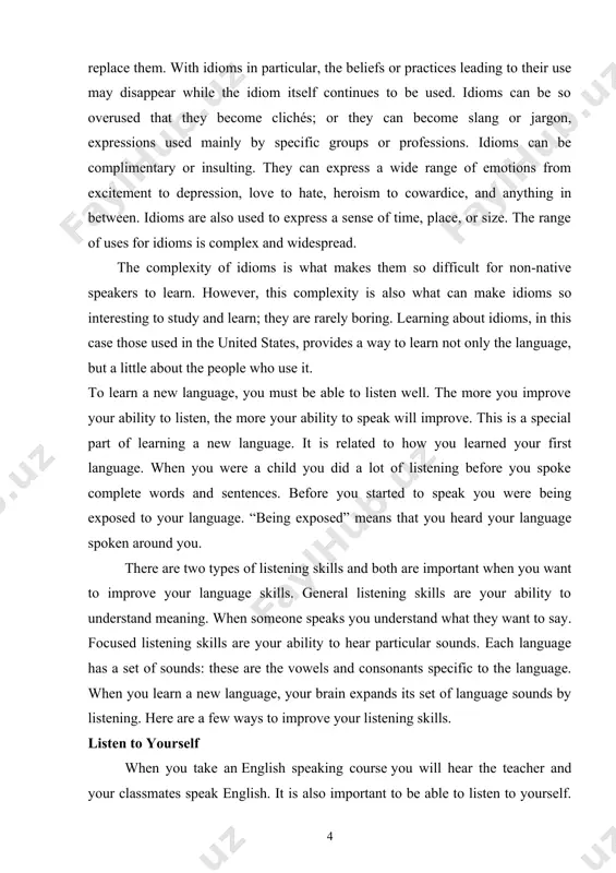ice how sounds change naturally depending on the sentence. this exercise has a bonus: you also practice speaking. try watching movies or listening to podcasts after english class everyone has an accent and people speak english in many different ways. the more you expose yourself to native speakers, the better you will be at listening. watching a movie or listening to a podcast is an excellent way to practice listening. after you watch a movie or listen to a podcast you can summarize what you hear. for example, you can tell a friend what the movie was about, or you can write down what you remember. it may also help to watch a movie twice. the first time you can practice focused listening. pause and try to repeat words or sentences. the second time, you can use your general listening skills and enjoy the movie speaking and listening belong together …