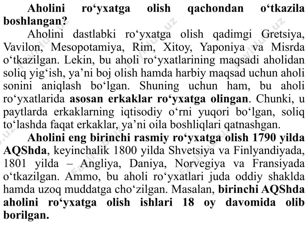 qiladi. shuning uchun aholi tarkibi va sonida yuz berayotgan о‘zgarishlar iqtisodiyotga, jamiyatga, mahsulot ishlab chiqarish va iste’mol darajasiga bevosita ta’sir о‘tkazadi. lekin mahsulot barcha aholi tomonidan emas, balki mehnat resurslari, ishchi kuchi tomonidan yaratiladi. aholi mahsulot resurslarini tо‘ldiruvchi sifatida, inson esa, ishchi kuchining egasi, shaxsiy va ijtimoiy manfatlarni aks ettiruvchi sifatida yuzaga keladi. shu bois aholini boshqarish va rejalashtirish uchun, uni statistik о‘rganish lozim. statistika mehnatga layoqatlilar soni, ularni xalq xо‘jaligi tarmoqlari va sektorlari bо‘yicha taqsimlash haqidagi ma’lumotlarni beradi. aholi rо‘yxati – ilmiy asosda tashkil etilgan statistik faoliyat bо‘lib, uning maqsadi – aholi soni, tarkibi va joylashishi haqidagi ma’lumotlarni olishdan iborat. aholini rо‘yxatga olishning о‘ziga xos birinchi xususiyati – bunda mamlakatni hamma hududi qamrab olinadi, davlatning hamma aholisi, hech qanday cheklashlarga yо‘l qо‘ymay qamrab olinadi. aholi rо‘yxatini о‘tkazishning ikkinchi hususiyati – aholi tarkibi haqidagi ma’lumotlarni olish. demak, bunda aholi bо‘yicha qandaydir belgilarni aniqlab olishi mumkin. bular aholi rо‘yxatini о‘tkazish davrida …
