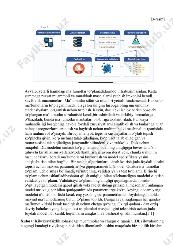 xizmat qiladi... 5) avtoenkoderlar (ae): avtoenkoderlar bu neyron tarmoqlardir, ular kirish ma’lumotlarini o‘rta oraliq ifoda (kod) orqali qayta tiklashga o‘rgatiladi... 6) generativ adversarial tarmoqlar (gan): ganlar ikkita asosiy komponentdan iborat: generativ va diskriminativ tarmoqlar (ya’ni, yaratuvchi va ajratuvchi). yaratuvchi yangi ma’lumotlarni yaratadi, diskriminator esa haqiqiy va soxta ma’lumotlarni ajratadi... natijalar: bu yerda biz tarmoqni buzish uchun dl freymvorkini taqdim etamiz aniqlash. taklif etilayotgan freymvorkning konseptual modelirasmda ko‘rsatilgan. [3-rasm]. avvalo, yetarli hajmdagi ma’lumotlar to‘planadi.tarmoq infratuzilmasidan. katta summaga ruxsat muammoli va murakkab masalalarni yechish imkonini beradi. xavfsizlik muammolari. ma’lumotlar sifati va miqdori yetarli fundamental. har safar ma’lumotlarni to‘plaganimizda, bizga kerakligini hisobga oling uni umumiy tendensiyalarni o‘rganish uchun to‘plash. keyin, dastlabki ishlov berish bosqichi, to‘plangan ma’lumotlar tozalanishi kerak,birlashtiriladi va tarkibiy formatlarga o‘tkaziladi, bunda ma’lumotlar manbalari bir-biriga akslantiriladi. funksiya muhandisligi bosqichiga havola foydali xususiyatlarni ajratib olish va tanlashga, ular nafaqat prognozlarni aniqlash va boyitish uchun muhim, balki mashinali o‘rganishda ham muhim rol o‘ynaydi. biroq, …
