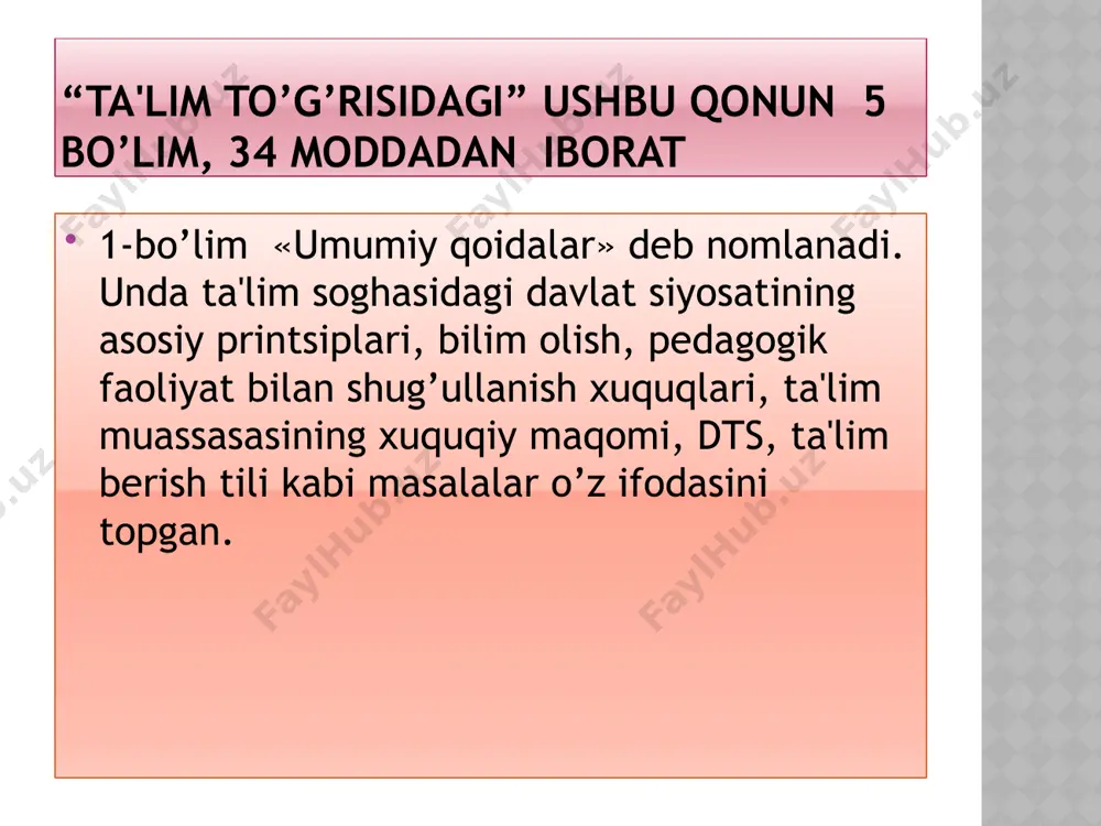 . ta’lim-tarbiya jarayoni ishtirokchilarini ijtimoiy himoya qilish(52-56m.) 8-bob. nodavlat ta’lim tashkilotlari faoliyatini litsenziyalash, ta’lim tashkilotlarini attestatsiyadan va davlat akkreditatsiyasidan o‘tkazish.(57-61m.) 9-bob. ta’limni moliyalashtirish va davlat tomonidan qo‘llab-quvvatlash(62-66m.) 10-bob. ta’lim sohasidagi xalqaro hamkorlik(67-69m.) 11-bob. yakunlovchi qoidalar(70-75m.) 11-bob. yakunlovchi qoidalar 70-modda. nizolarni hal etish ta’lim sohasidagi nizolar qonun hujjatlarida belgilangan tartibda hal etiladi. 71-modda. ta’lim to‘g‘risidagi qonun hujjatlarini buzganlik uchun javobgarlik ta’lim to‘g‘risidagi qonun hujjatlarini buzganlikda aybdor shaxslar belgilangan tartibda javobgar bo‘ladi. 72-modda. o‘zbekiston respublikasining ayrim qonun hujjatlarini o‘z kuchini yo‘qotgan deb topish quyidagilar o‘z kuchini yo‘qotgan deb hisoblansin: 1) o‘zbekiston respublikasining 1997-yil 29-avgustda qabul qilingan “kadrlar tayyorlash milliy dasturi to‘g‘risida”gi 463-i-sonli qonuni (o‘zbekiston respublikasi oliy majlisining axborotnomasi, 1997-yil, № 11-12, 295-modda); 2) o‘zbekiston respublikasining 1997-yil 29-avgustda qabul qilingan “ta’lim to‘g‘risida”gi 464-i-sonli qonuni (o‘zbekiston respublikasi oliy majlisining axborotnomasi, 1997-yil, № 9, 225-modda); 3) o‘zbekiston respublikasi oliy majlisining 1997-yil 29-avgustdagi 465-i-sonli “o‘zbekiston respublikasining “ta’lim to‘g‘risida”gi qonuni kuchga kirish tartibi to‘g‘risida”gi qarori (o‘zbekiston respublikasi …