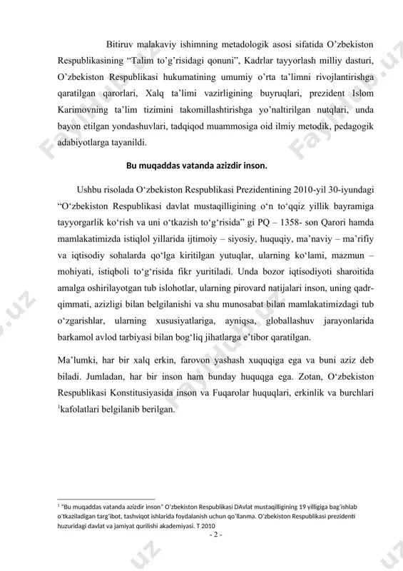 qilligining о‘n tо‘qqiz yillik bayramiga tayyorgarlik kо‘rish va uni о‘tkazish tо‘g‘risida” gi pq – 1358- son qarori hamda mamlakatimizda istiqlol yillarida ijtimoiy – siyosiy, huquqiy, ma’naviy – ma’rifiy va iqtisodiy sohalarda qо‘lga kiritilgan yutuqlar, ularning kо‘lami, mazmun – mohiyati, istiqboli tо‘g‘risida fikr yuritiladi. unda bozor iqtisodiyoti sharoitida amalga oshirilayotgan tub islohotlar, ularning pirovard natijalari inson, uning qadr- qimmati, azizligi bilan belgilanishi va shu munosabat bilan mamlakatimizdagi tub о‘zgarishlar, ularning xususiyatlariga, ayniqsa, globallashuv jarayonlarida barkamol avlod tarbiyasi bilan bog‘liq jihatlarga e’tibor qaratilgan. ma’lumki, har bir xalq erkin, farovon yashash xuquqiga ega va buni aziz deb biladi. jumladan, har bir inson ham bunday huquqga ega. zotan, о‘zbekiston respublikasi konstitusiyasida inson va fuqarolar huquqlari, erkinlik va burchlari kafolatlari belgilanib berilgan. hozirgi paytda inson huquqlari bо‘yicha 400 ga yaqin xalqaro hujjat mavjud. mamlakatimiz qonunlarini inson huquqlari sohasidagi mazkur meyor va andozalarga muvofiqlashtirish, bu sohada milliy harakat dasturini ishlab chiqish, inson huquqlarini himoya qiladigan muassasalarning …