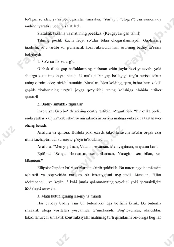 g mantiqiy, mazmuniy va estetik jihatdan yaxlit boʻlishini taʼminlaydi. muloqot madaniyatidagi etnik muammolar – bu tilshunoslik, sotsiolingvistika va etnolingvistika kabi sohalarning kesishmasida turuvchi muhim mavzu boʻlib, u millatning madaniy qadriyatlari, urf-odatlari va dunyoqarashining til hamda muloqot jarayonlariga qanday taʼsirini oʻrganadi. bu muammolar nafaqat oʻzbek tilining oʻzida, balki boshqa tillar bilan muloqotda ham yuzaga kelishi mumkin. murojaat shakllaridagi farqlar oʻzbek tilidagi murojaat shakllari (masalan, “siz”, “sen”) nafaqat shaxsiy munosabatlarni, balki ijtimoiy mavqe, hurmat-ehtirom darajasi va yoshni ham ifodalaydi. rasmiy muloqotda, kattalarga yoki begona shaxslarga “siz” deb murojaat qilish odatiy hol hisoblanadi. bu hurmat-ehtiromning lisoniy ifodasi boʻlib, oʻzbek madaniyatining asosiy qadriyatlaridan biridir. boshqa tillarda, masalan, ingliz tilida faqatgina “you” shakli mavjud boʻlib, bu madaniy farqlar muloqotda tushunmovchiliklarga olib kelishi mumkin. chet elliklar uchun oʻzbek tilini oʻrganishda bu farqlar katta qiyinchilik tugʻdiradi. notildagi muloqotning oʻziga xosligi muloqot nafaqat soʻzlar orqali, balki imo-ishoralar, yuz mimikasi va tana harakatlari orqali ham amalga oshiriladi. har bir …