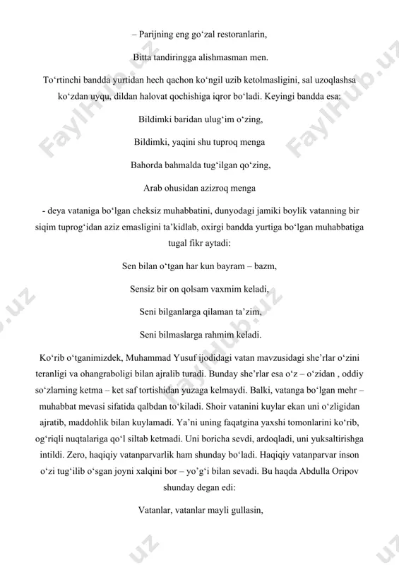 shu aziz tuproqdir, shu qadim qo‘rg‘on, dunyoga boburdek shohlarni bergan, mohlaroyimlarning sochlarin o‘rgan, nechun qulluq qilmay andijonga men. shoir o‘zi tug‘ilib o‘sgan joyini kuylar ekan also “mahalliychilikga” bormaydi. balki, o‘zbekiston yaxlit bir vatan bo‘lsa, andijon uning bir bo‘lagi ekanligini ta’kidlaydi. bu haqida quyidagi misralar keltiriladi: saylab yurt ajratmoq fe’limga yiroq, buxor minorlari ko‘nglim etar tog‘, menga samarqand ham azizdir biroq, nechun qulluq qilmay andjonga men. keyingi misrada esa shoir o‘zi tug‘ilib o‘sgan joyning bir vakili ekanlgini, uning uchun jonini ham ayamasligini keltiradi: tuprog‘i jannatdek qilguvchi g‘amza, men o‘sha yam – yashil vodiydan maysa. ming jonim sadag‘a, bitta jilmaysa , nechun qulluq qilmay andijonga men. shoirning “qora quyosh” dostoni xalq vatan mavzusidagi asarlar orasida eng o‘ychanligi, achchiq alam va armonlarga to‘laligi bilan ajralib turadi. chunki bu doston mustabid tuzum davrida xalqimiz boshiga tushgan musibatlar xalqning asl , iste’dodli farzandlarining xalq dushmani sifatida yo’q qilinganligi , aslida kim dushman ekanligini bilmasdan, xalq …