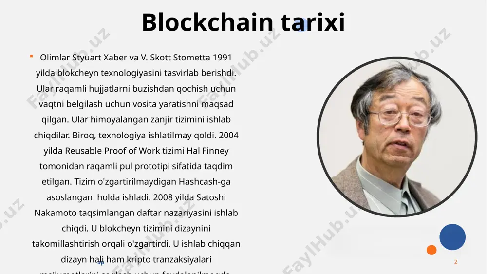 oshqariladigan) blokcheynlar xususiy blokcheynlar ommaviy bloklarga qaraganda ancha tezroq, ular kamroq ishtirok etgan tugunlar tomonidan ta'minlanadi. jamoatchilikka kirish cheklangan, faqat markaziy organ kim tugun bo'lishi mumkinligini aniqlaydi. 3. konsortsium blokcheynlari federatsiya blokcheynlari kamdan-kam hollarda kriptovalyutaga qaratilgan va ko'pincha blokcheynga asoslangan boshqa loyihalar uchun tashkil etiladi. bu zanjirlar tashkilotlar guruhlari tomonidan boshqariladi. 4. gibrid blokcheynlar gibrid blokcheynlar bitta tashkilot tomonidan boshqariladi, lekin barcha aktsiyadorlar bilan muloqot qilish imkoniyatiga ega. blockchain turlari 22.09.2020 годовой обзор ‹#› blokcheyn texnologiyasining boshqa kriptoalgoritmlardan farqi shundan iboratki, blokcheyn bloklariga kiritilgan ochiq yoki maxfiy axborotlarni o’zgartirish, o’g’irlash va shunga o’xshash kripto hujumlarni amalga oshirirsh kriptoanalitiklarga yaxshi natija bermaydi. bu deganimiz kriptoanalitiklar blokcheyn zanjirlaridagi ma’lumotlarga ziyon keltirishi mumkin emas. blokcheyn teaxnologiyasi – bu har bir blok oldingi blokiga bog’liq bo’lgan ma’lumotlar bloklarini zanjiri hisoblanadi. blockchain tizimi 22.09.2020 годовой обзор ‹#› blokcheyn kamida bitta foydalanuvchi mavjud tizimdan ixtiyoriy sondagi foydalanuvchi tizimlarigacha qo’llaniladi. bunda har bir yangi foydalanuvchi bu tizimni …