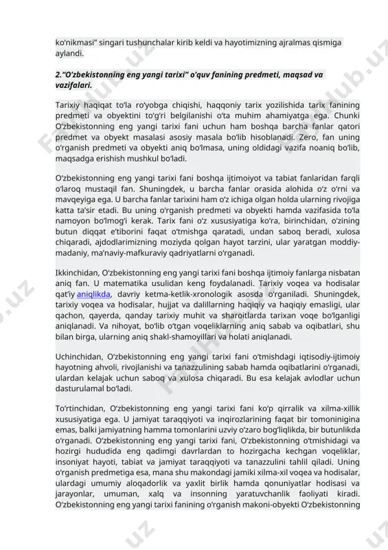qaruvini yanada demokratlashtirish, sud-huquq tizimi, axborotlashtirish sohasini isloh etish, so‘z erkinligini ta’minlash, saylov qonunchiligini takomillashtirish, demokratik bozor islohotlarini chuqurlashtirishga qaratilganligi bilan xarakterlanadi. 2) 2017-yildan keyingi yillar. bu davr tarixi 2016-yil dekabr oyida saylangan o‘zbekiston prezidenti shavkat mirziyoyevning strategik taraqqiyotga asoslangan keng ko‘lamli islohotlar davri hisoblanadi. shuningdek, bu davrda jtimoiy-siyosiy hayotimizga yangi iboralar, xususan, “xalq bilan muloqot”, “xalq qabulxonalari”, “virtual qabulxona”, “tanqidiy tahlil”, “qat’iy tartib-intizom”, “arzon uylar”, “texnoparklar”, “o‘z bolangni o‘zing asra”, “yo‘l xaritasi”, “kafolatlangan xavfsizlik”, “kitobxonlik ko‘nikmasi” singari tushunchalar kirib keldi va hayotimizning ajralmas qismiga aylandi. 2.“o’zbekistonning eng yangi tarixi” o’quv fanining predmeti, maqsad va vazifalari. tarixiy haqiqat to‘la ro‘yobga chiqishi, haqqoniy tarix yozilishida tarix fanining predmeti va obyektini to‘g‘ri belgilanishi o‘ta muhim ahamiyatga ega. chunki o‘zbekistonning eng yangi tarixi fani uchun ham boshqa barcha fanlar qatori predmet va obyekt masalasi asosiy masala bo‘lib hisoblanadi. zero, fan uning o‘rganish predmeti va obyekti aniq bo‘lmasa, uning oldidagi vazifa noaniq bo‘lib, maqsadga …