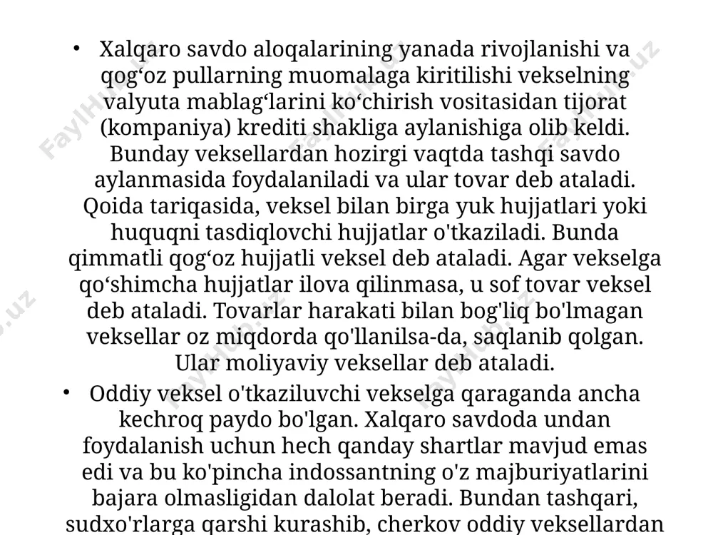 kitob belgisi”ning tili hujjat tuzilgan tilga mos kelishi kerak. hisob raqamini ko'rsatish hujjatni aniqlashni osonlashtiradi, lekin majburiy hisoblanmaydi. to'lash tartibining so'zsizligi juda keng talqin qilinadi. birinchidan, hujjat matnida ma'lum bir voqea sodir bo'lganidan keyin to'lov to'g'risidagi band bo'lishi mumkin emas (hisob raqamiga mablag'lar kelib tushgan yoki tovarlar yoki huquqni tasdiqlovchi hujjatlar bo’yicha). ikkinchidan, veksel buyurtmasi mavhum bo'lishi kerak, ya'ni, uni ma'lum bir tranzaktsiyaga bog'lab bo'lmaydi. buyurtmaning so'zsizligini ta'kidlagan holda, "men so'zsiz to'lashga majburman" iborasi veksel matniga kiritilishi mumkin, ammo ushbu matnni kirtilishi majburiy emas. to'lovchining nomi vekselning qo'shimcha atributi bo'lib xizmat qiladi. vekselda so'zsiz to'lash tartibi shartsiz to'lash taklifiga o'zgartiriladi. ba'zi hollarda indossant indossament orqali qimmatli qog'ozni topshirishni cheklaydi. buning uchun hujjat matnida eslatma qo'yiladi, masalan, “men narimonov s.s.ni to'lashga majburman, lekin uning buyrug'iga emas” yoki “men faqat narimonov s.s. tomonidan to'lovlarni amalga oshirishga majburman”. qisqacha matn quyidagicha bo'lishi mumkin: “indossament qilish huquqisiz”. qabul qiluvchining nomini ko'rsatish talabi vekselni taqdim …