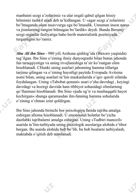 haydigan xalqlarning qabila va elatlarning urf- odatlari, an’analari, e’tiqodlarini, o’zining shu davrgacha saqlanib qolgan asari «^ devoni lug’ati turk» da bayon qiladi. qoshg’ariy psixologiya sohasida biron-bir to’laqonli fikr aytmagan bo’lsa ham, o’zining olib borgan izlanishlar bilan etnopsixologiyaning mo’’lum yo’nalishlariga asos soldi. unsurmoniy kaykovus -1022 yilda tug’ilib 63 yoshida o’zining «qobusnoma» asarini yozgan. bobosi kobus o’ta zolim, ayovsiz xukmdor bo’lgan. «qobusnom» asarining psixologik nuqtai nazaridan analiz qiladigan qismi-bu –27 bobi hisoblanadi. bu bob «farzandlarni parvarish qilish fikrida» deb ataladi. unda farzandning ota-onani hurmat qilish, oila tarbiyasi, oilada ota-onaning farzandiga tarbiya berish usullari va farzandlarni parvarish qilishda uning yosh davrlarga e’tibor berish haqida to’xtaladi. bu bob psixologik nuqtai nazardan juda ham ahamiyatga egadir. abdurahmon jomiy - 1414-1492 yilda tug’ilgan. o’zining yaratgan asarlarida shaxs taraqqiyoti haqida teologik nuqtai nazardan fikr yuritgan. u birinchi bor shaxs tipologiyasini yaratgan, 6 ta tipdan iborat bo’lib, bu tipdagi shaxslar xursandchilik nima ekanini bilmaydi, degan fikrni ilgari surdi. …