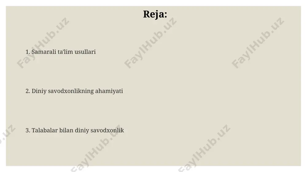 ўзаро тафовутлари ва ўхшашликларини аниқлаш муҳимдир. ҳадисларни таҳлил қилишда, ривоятнинг ишончлилигини баҳолаш учун санaд (ривоят занжири)ни 5 тадан ортиқ мезон бўйича текшириш зарур. диний матнларни таржимасининг 3 тадан ортиқ вариантларини солиштириш орқали, матннинг аниқ маъносини аниқлаш ва ноаниқликларни бартараф этишга эришиш мумкин. diniy savodxonlikni oshirish bo'yicha tavsiyalar diniy adabiyotlar bilan tanishish uchun 20 ta kitob va 10 ta veb-sayt ro'yxatini tuzib, talabalarga ishonchli manbalardan foydalanishni o'rgatish zarur. diniy matnlarni tahlil qilish ko'nikmalarini rivojlantirish uchun 5-10 ta darslikdan foydalanib, talabalarga muqaddas matnlarni tanqidiy tahlil qilish usullarini o'rgatish kerak. talabalarga turli dinlarning asosiy tamoyillari va marosimlarini tushuntirish uchun kamida 3 ta turli din vakillarini taklif qilish orqali interfaol muhit yaratish muhim. turli dinlarning taqqoslash studiyasi "turli dinlarning taqqoslash studiyasi" 20 dan ortiq turli dinlarning asosiy e'tiqodlari, amallari va tarixiy rivojlanishi haqida chuqur tushuncha beradi, shuningdek, 5 ta yirik dinning taqqoslash tahliliga e'tibor qaratadi. taqqoslash studiyasi doirasida 10 ga yaqin muhim diniy matnlarni …