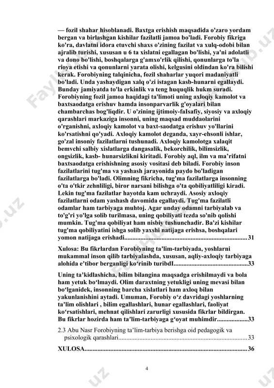 sidagi g'oyalarining, fikrlarining, va metodologiyasining tahlili qilinishi keng va o'ziga xos bir maydonni ochadi. farobi o'zining ta'lim-tarbiya falsafiyasi va metodlari asosida o'quv jarayonlarining tahlili, ta'limda insonning roli va uning rivojlanishida ta'limning o'rnini muhokama qilish uchun yaxshi bir obyekt bo'lishi mumkin. tadqiqot obyektining muqaddas maqsadi, farobi fikrlarining ta'lim va tarbiya sohasidagi ilmiy, falsafiy, va amaliy tajribasini nazorat qilish va o'rganishdir. tadqiqotning predmeti: abu nasr forobiyning talim tarbiya qarashlaridan ta’lim-tarbiya jarayonida qo’llanilishi tadqiqotning metodologik asosi: o’zbekiston respublikasi uzluksiz ta’lim tizimining mazmunini belgilab beruvchi direktiv-me’yoriy hujjatlar, xususan, o’zbekiston respublikasining «ta’lim to’g’risida» gi qonuni, «kadrlar tayyorlash milliy dasturi», o’zbekiston respublikasi vazirlar mahkamasi, oliy va o’rta maxsus xalq ta’limi vazirliklari tomonidan qabul qilingan qarorlar, me’yoriy hujjatlar; o’zbekiston respublikasi prezidenti i. a. karimov tomonidan ta’lim sohasida ilgari surilgan g’oyalar; sharq mutafakkirlarining pedagogik qarashlarini yorituvchi qo’llanmalar; tadqiqotchi olimlarning ilmiy asarlaridan iborat. kurs ishining vazifalari: abu nasr farobi ta'lim-tarbiya qarashining kurs ishining vazifalari quyidagilar bo'lishi mumkin: 1. falsafiy …